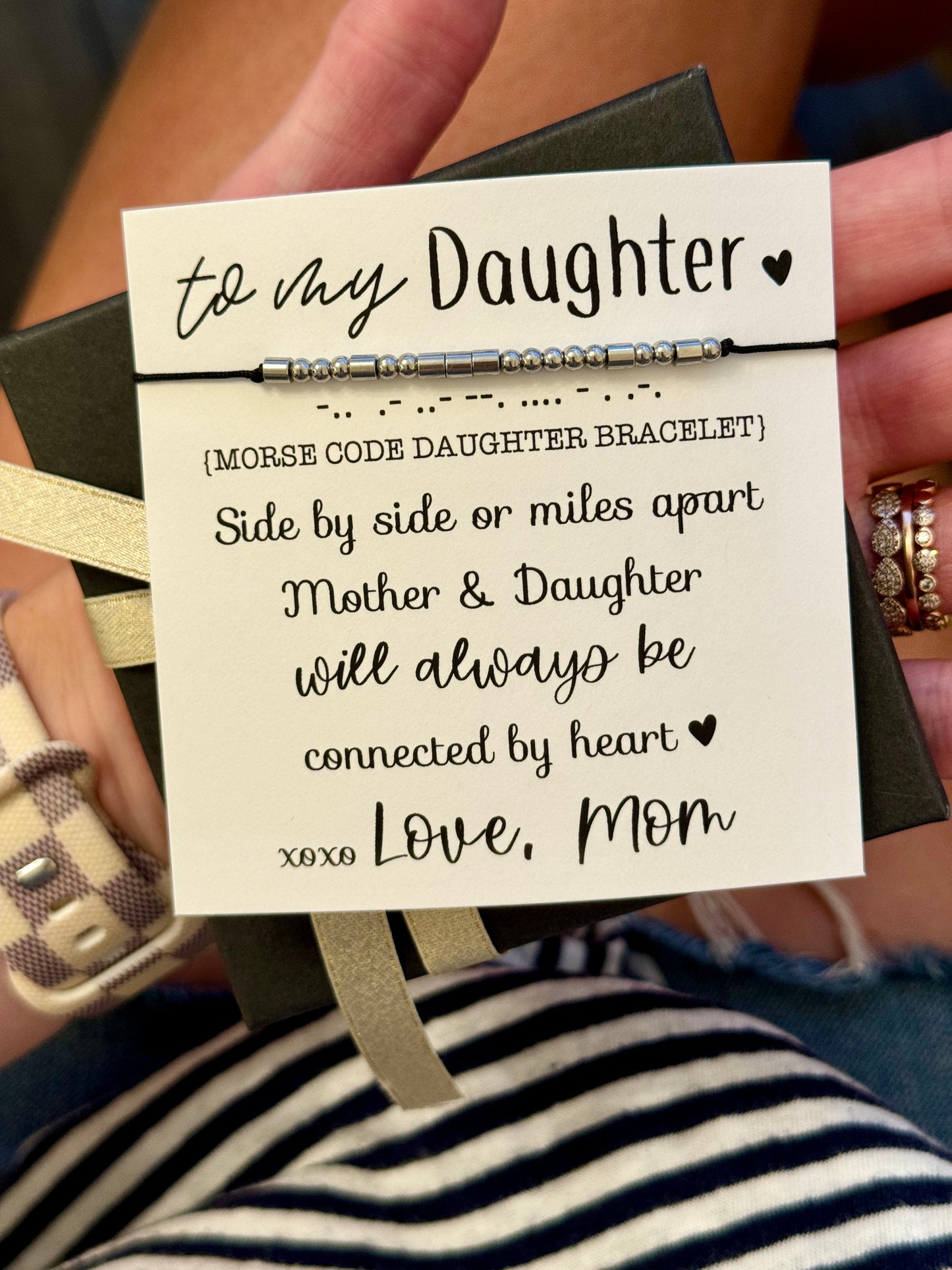 To my Daughter, Morse Code Bracelet, minimalist, hypoallergenic, non-tarnish & adjustable! Card, bracelet, box & ribbon included!