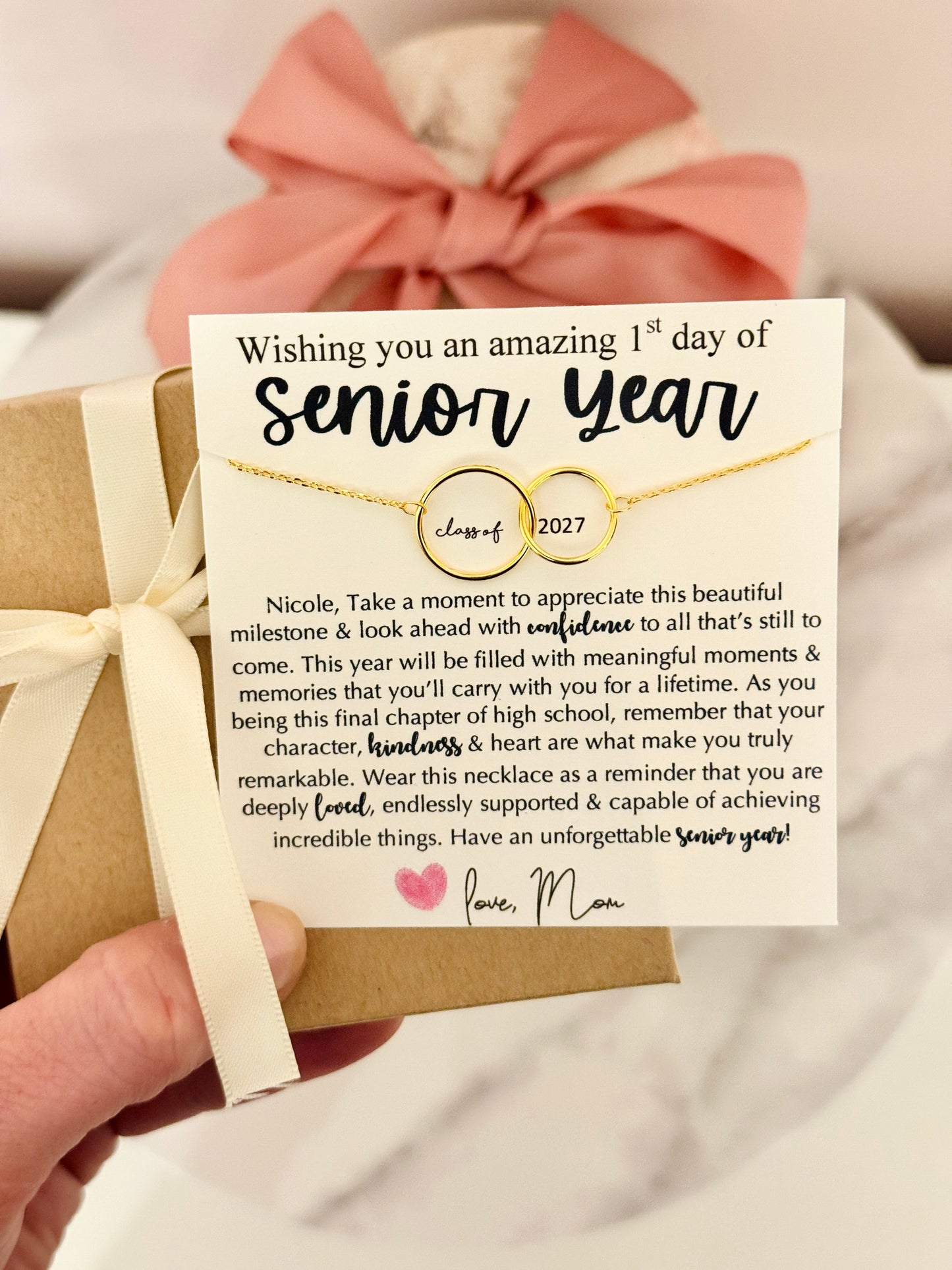 Senior Year High School Infinity Necklace gift for daughter or friend, Non-Tarnish, hypoallergenic, card, box + ribbon included!