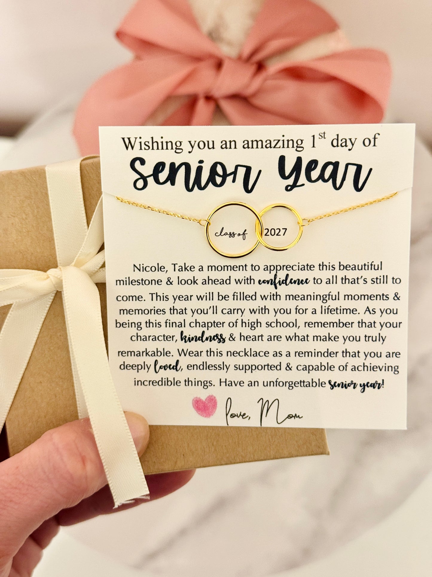 Senior Year High School Infinity Necklace gift for daughter or friend, Non-Tarnish, hypoallergenic, card, box + ribbon included!