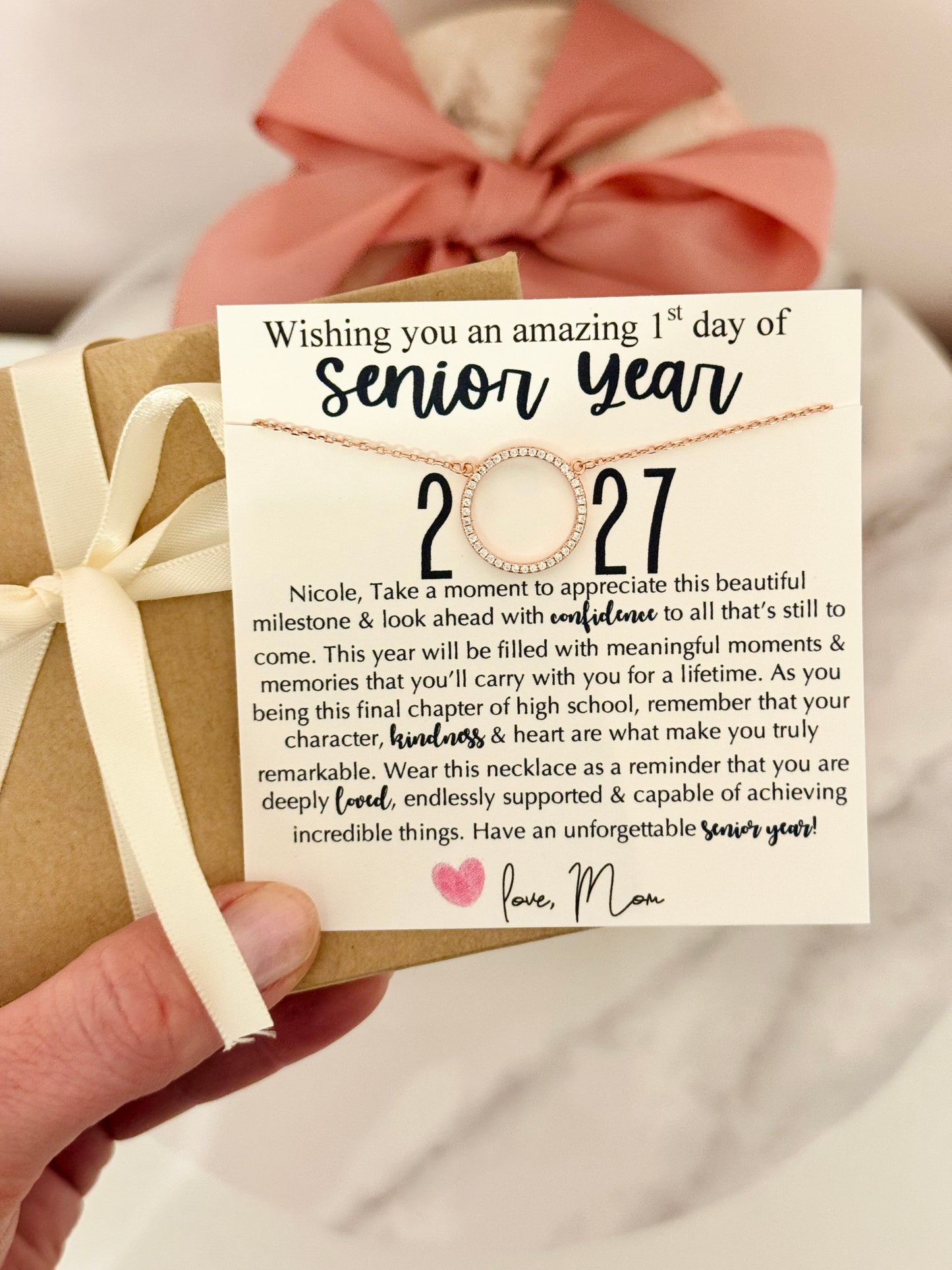 Senior Year High School CZ Circle Necklace gift for daughter or friend, Non-Tarnish, hypoallergenic, card, box + ribbon included!