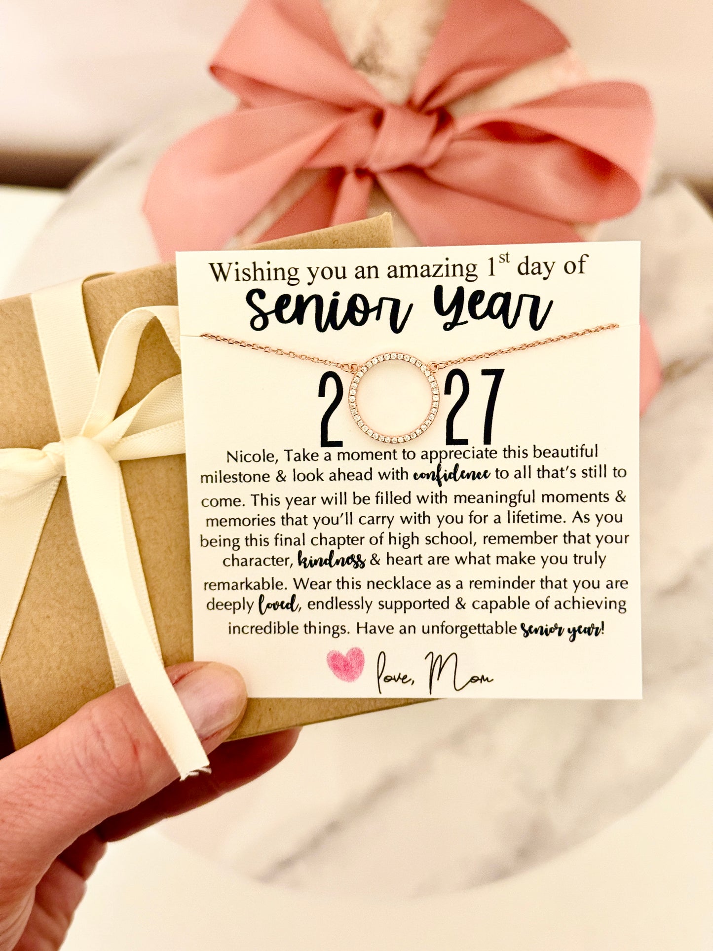 Senior Year High School CZ Circle Necklace gift for daughter or friend, Non-Tarnish, hypoallergenic, card, box + ribbon included!