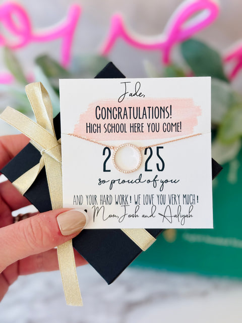 2025 grad card ideas Middle School Graduation Circle Pendant Necklace Gift · Silver, Rose Gold · Sterling Silver · L: 18 Inch · Box & Ribbons · Personalized Card · US