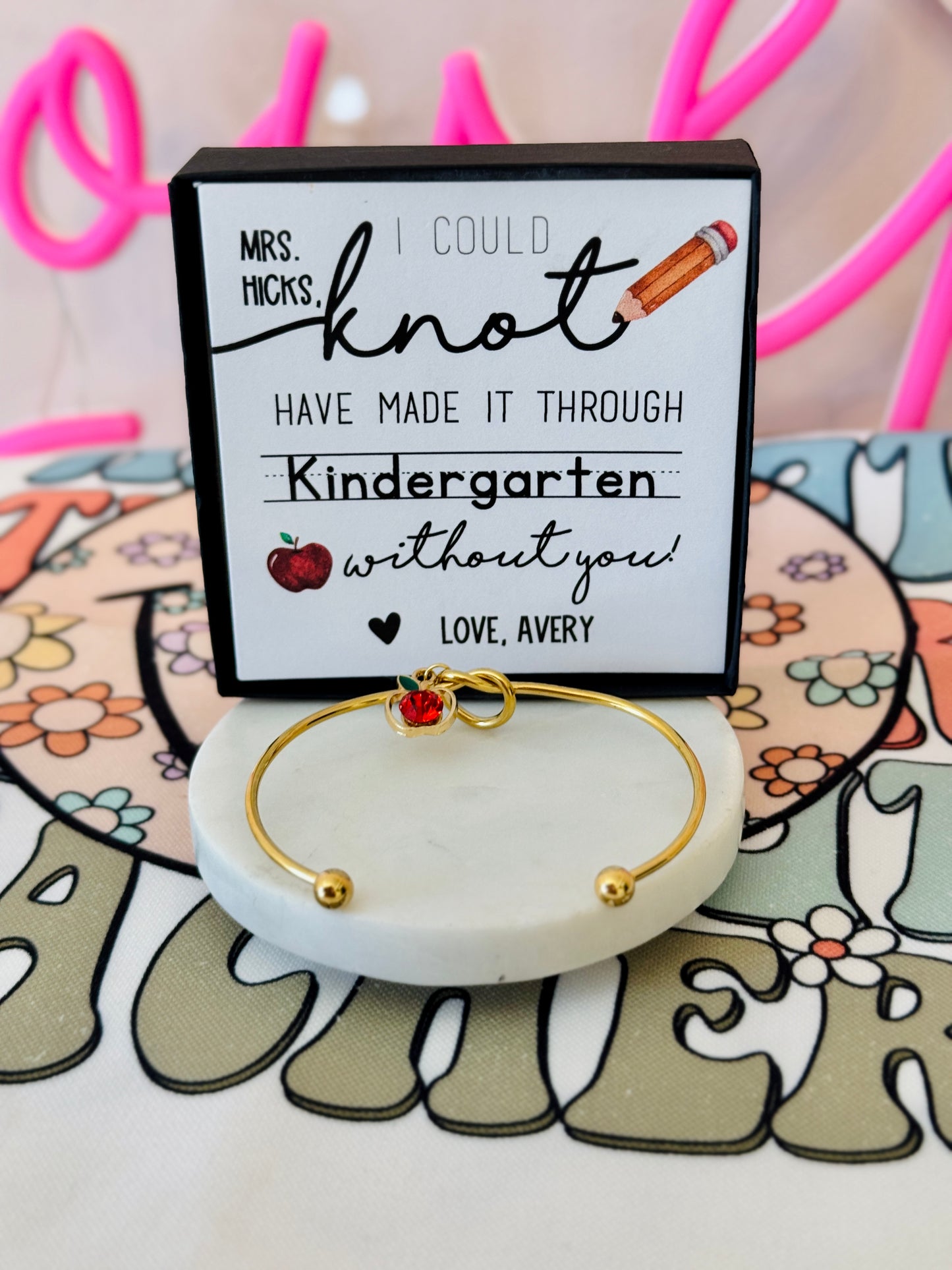 Teacher Appreciation End of Year Teacher Gift Knot Bangle! NON-TARNISH, Personalized card, bangle, box & ribbon included too!