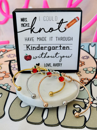 Teacher Appreciation End of Year Teacher Gift Knot Bangle! NON-TARNISH, Personalized card, bangle, box & ribbon included too!