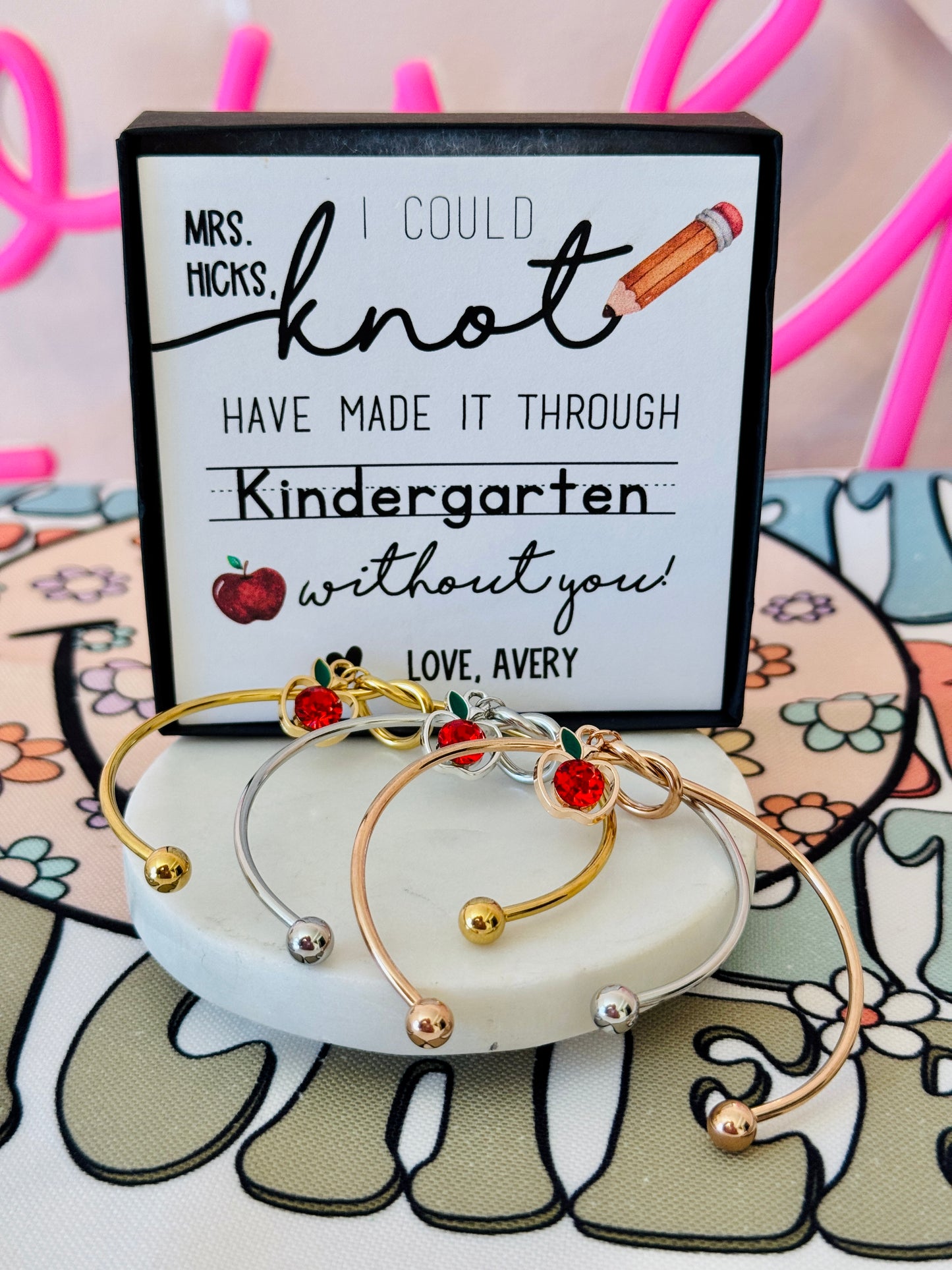 Teacher Appreciation End of Year Teacher Gift Knot Bangle! NON-TARNISH, Personalized card, bangle, box & ribbon included too!