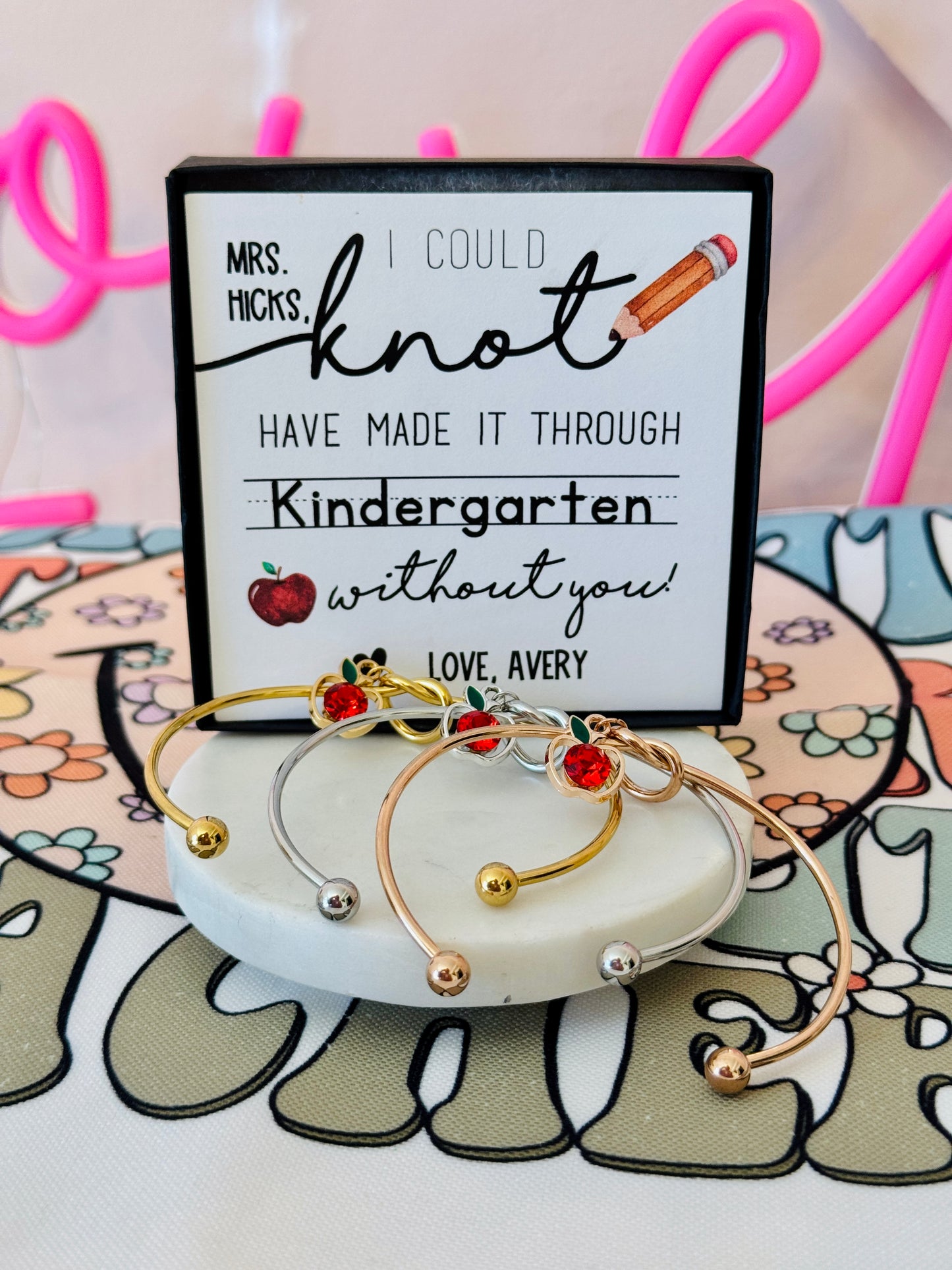 Teacher Appreciation End of Year Teacher Gift Knot Bangle! NON-TARNISH, Personalized card, bangle, box & ribbon included too!