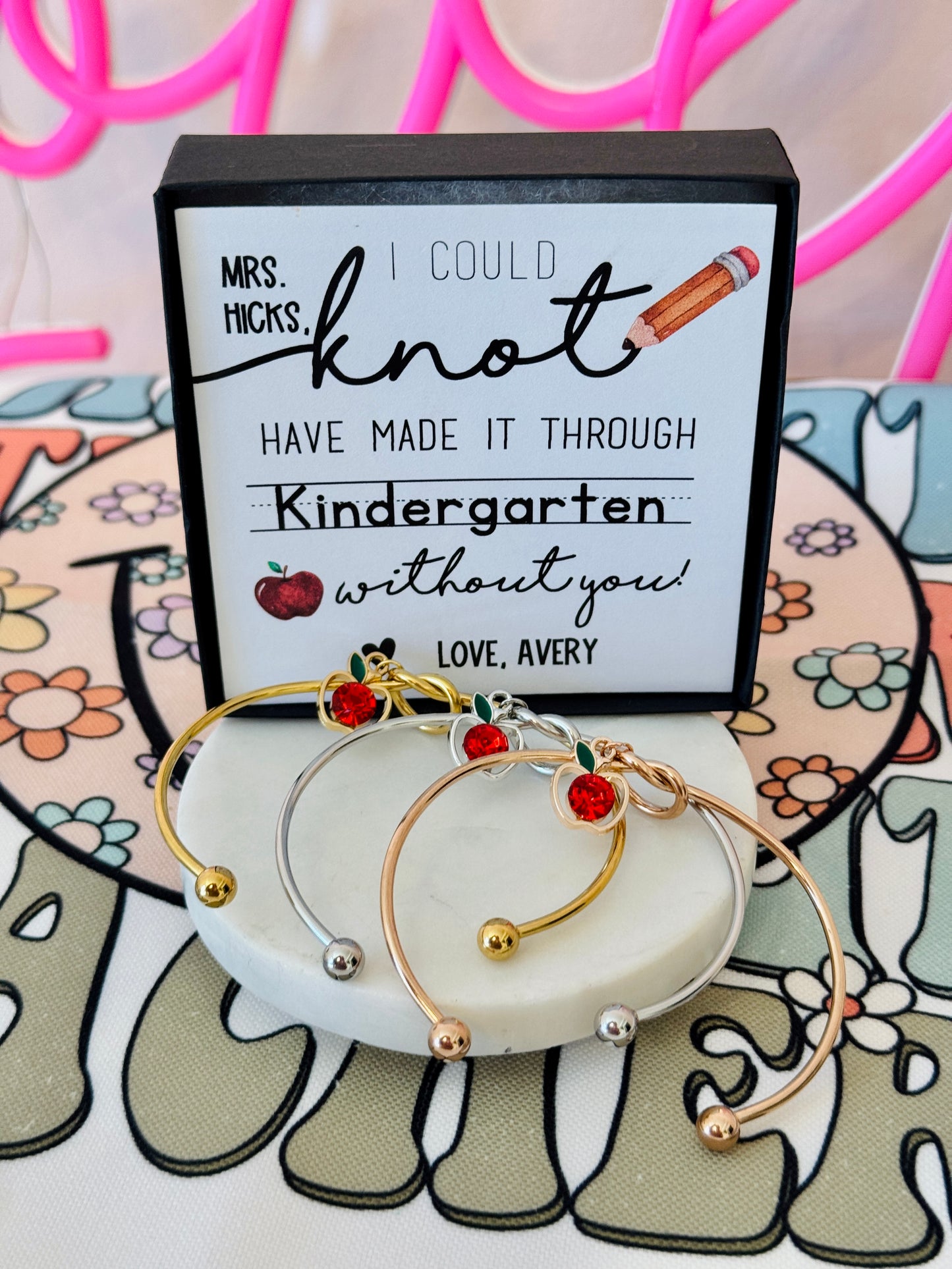 Teacher Appreciation End of Year Teacher Gift Knot Bangle! NON-TARNISH, Personalized card, bangle, box & ribbon included too!