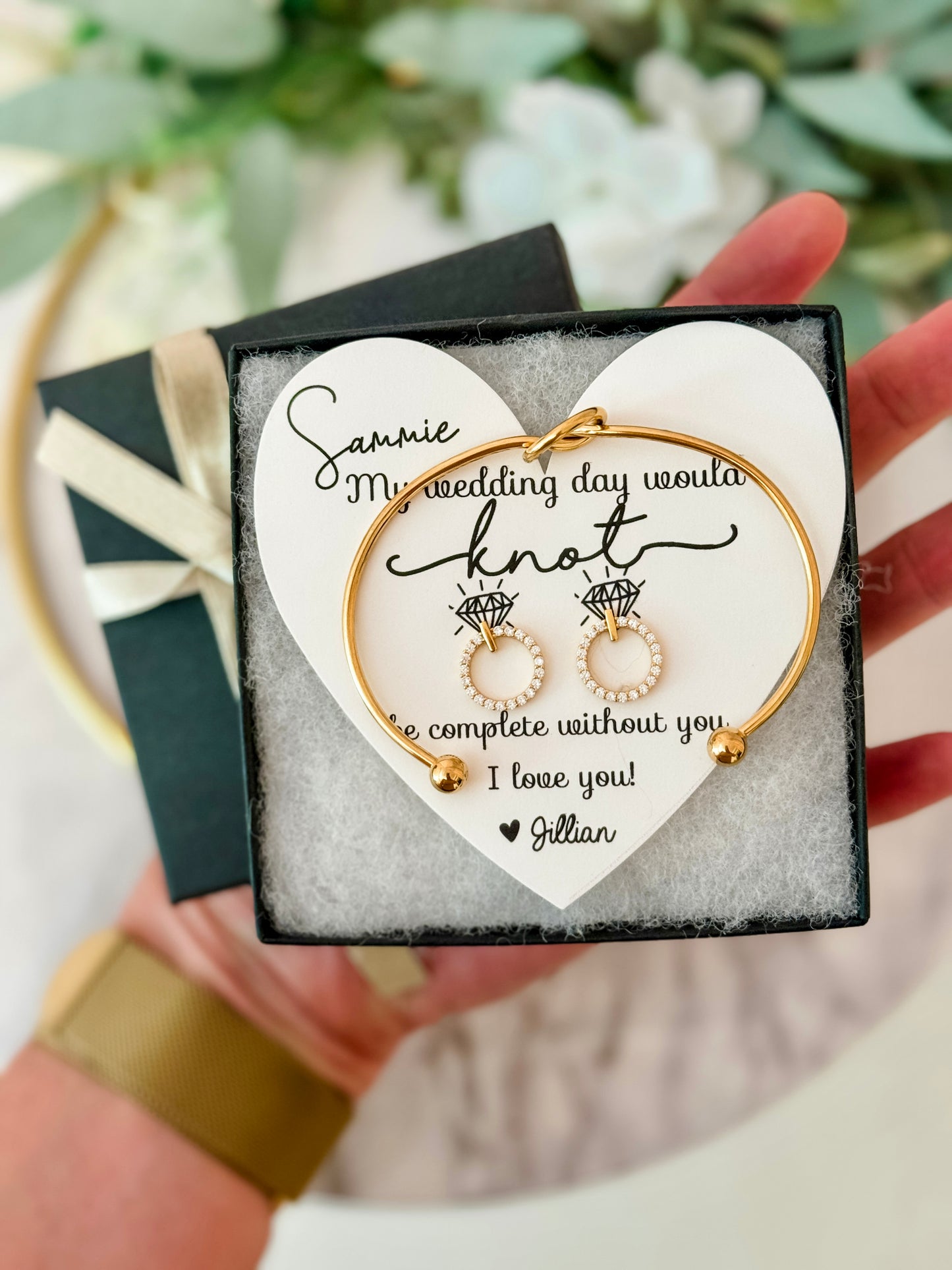 My wedding day would KNOT be complete without you! Circle stud earrings & knot bangle gift set!