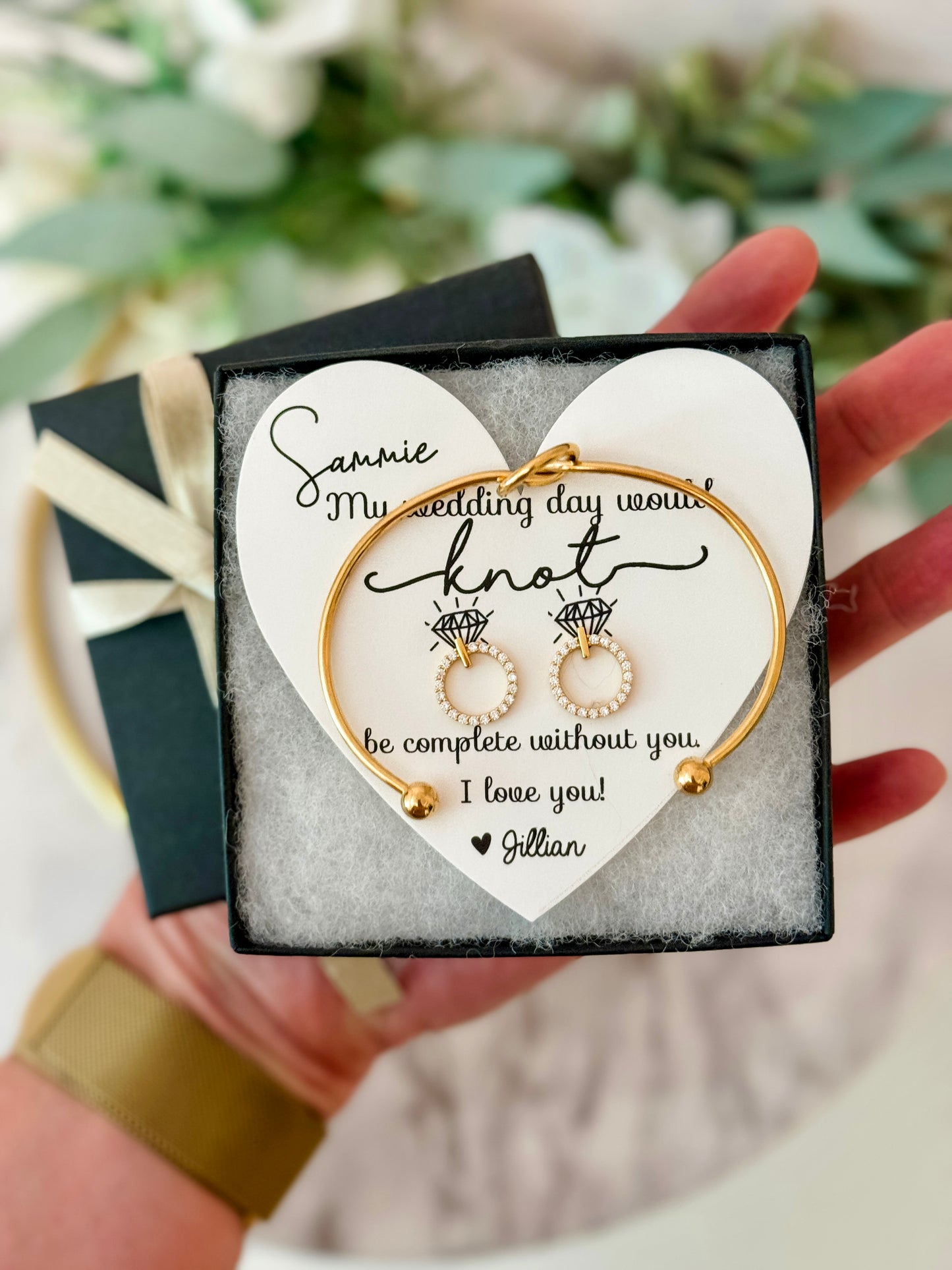 My wedding day would KNOT be complete without you! Circle stud earrings & knot bangle gift set!