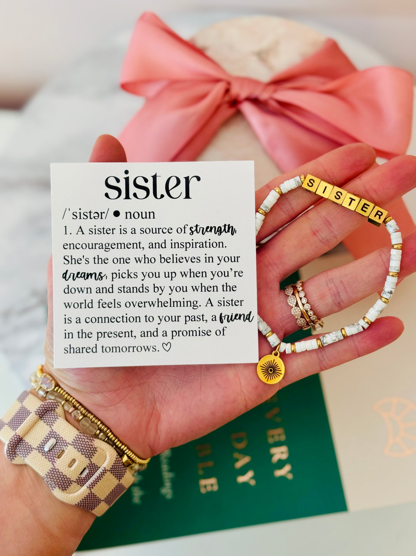 Gold Sister Bracelet with Sister Definition card, box & ribbon included!