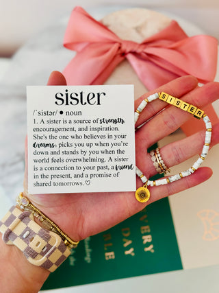 Gold Sister Bracelet with Sister Definition card, box & ribbon included!