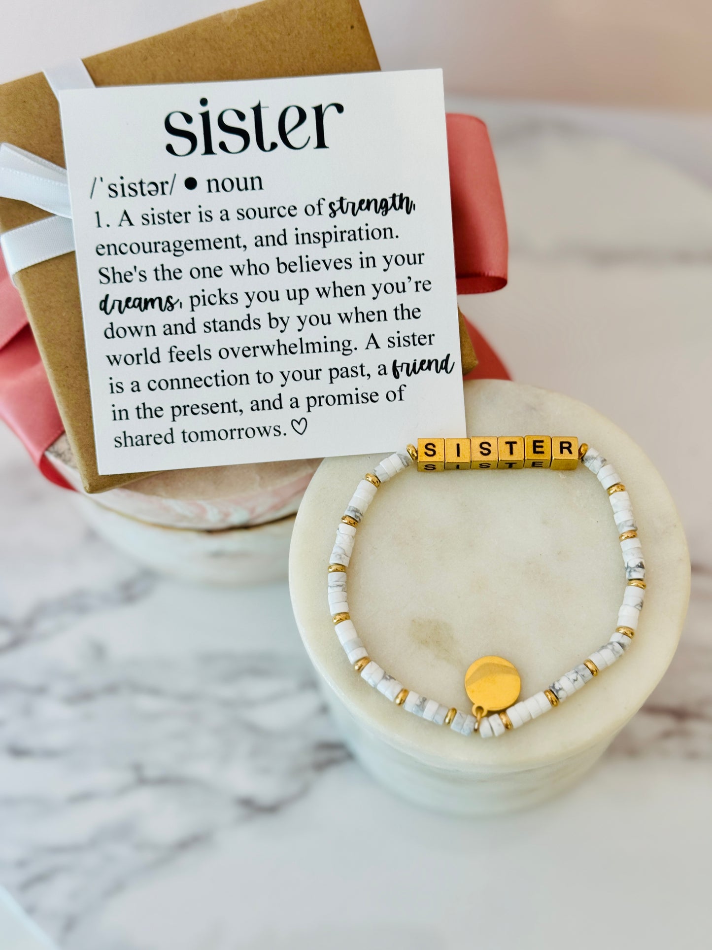 Gold Sister Bracelet with Sister Definition card, box & ribbon included!