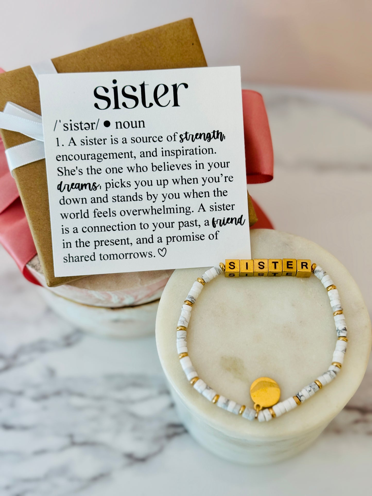 Gold Sister Bracelet with Sister Definition card, box & ribbon included!