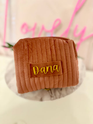 Velvet puffer mauve Bridal Party makeup bag! Personalized with acrylic gold name plate!