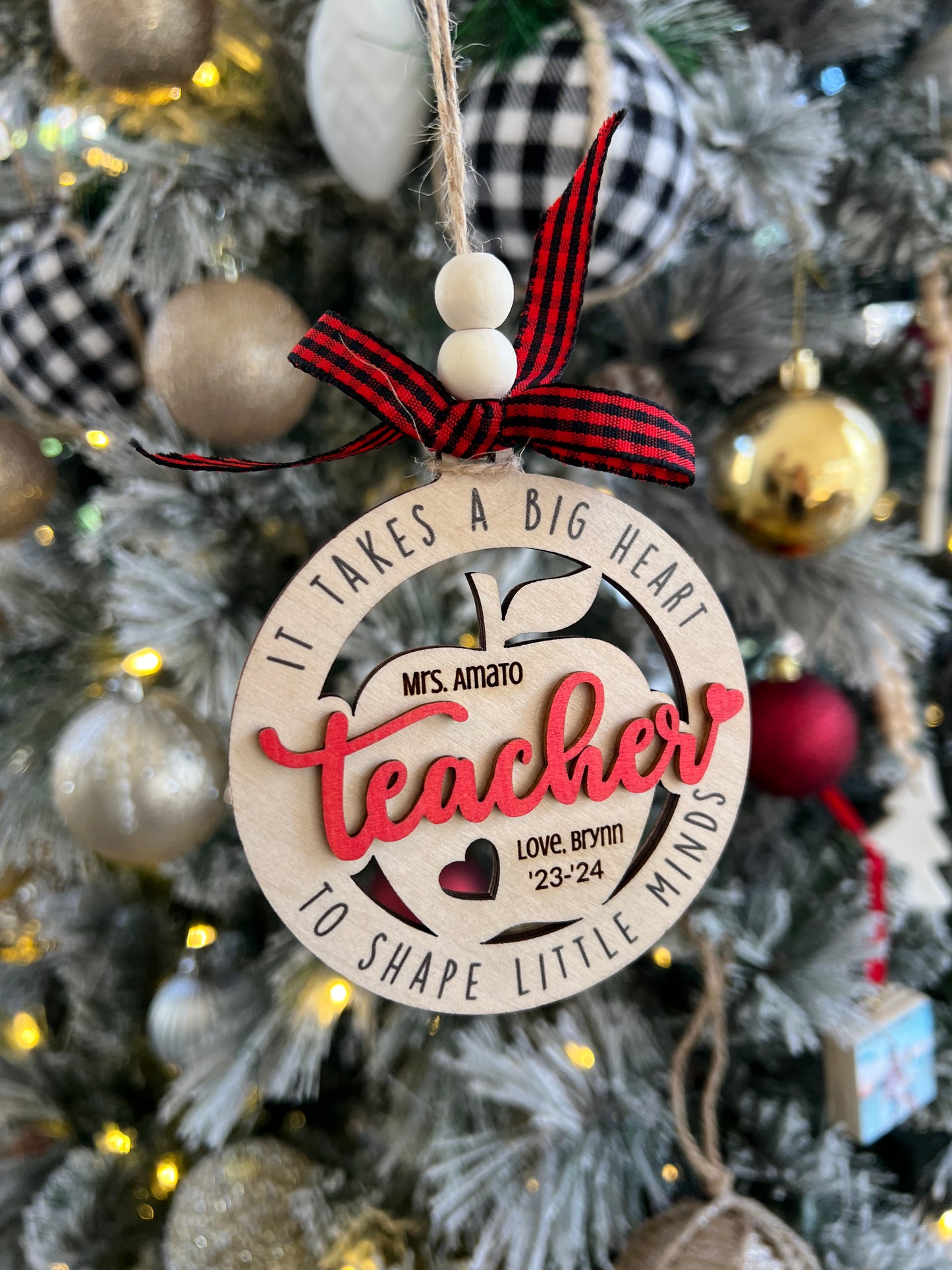 Teacher Ornament, 2024-2025 year, It takes a big heart to shape little minds, personalized with teacher name, from name & date