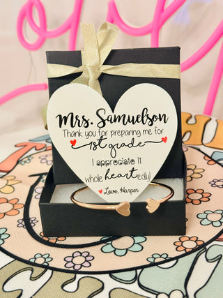 Teacher Thank you Gift, Heart Cuff, Non-Tarnish & Hypoallergenic! Card, box & ribbon included!