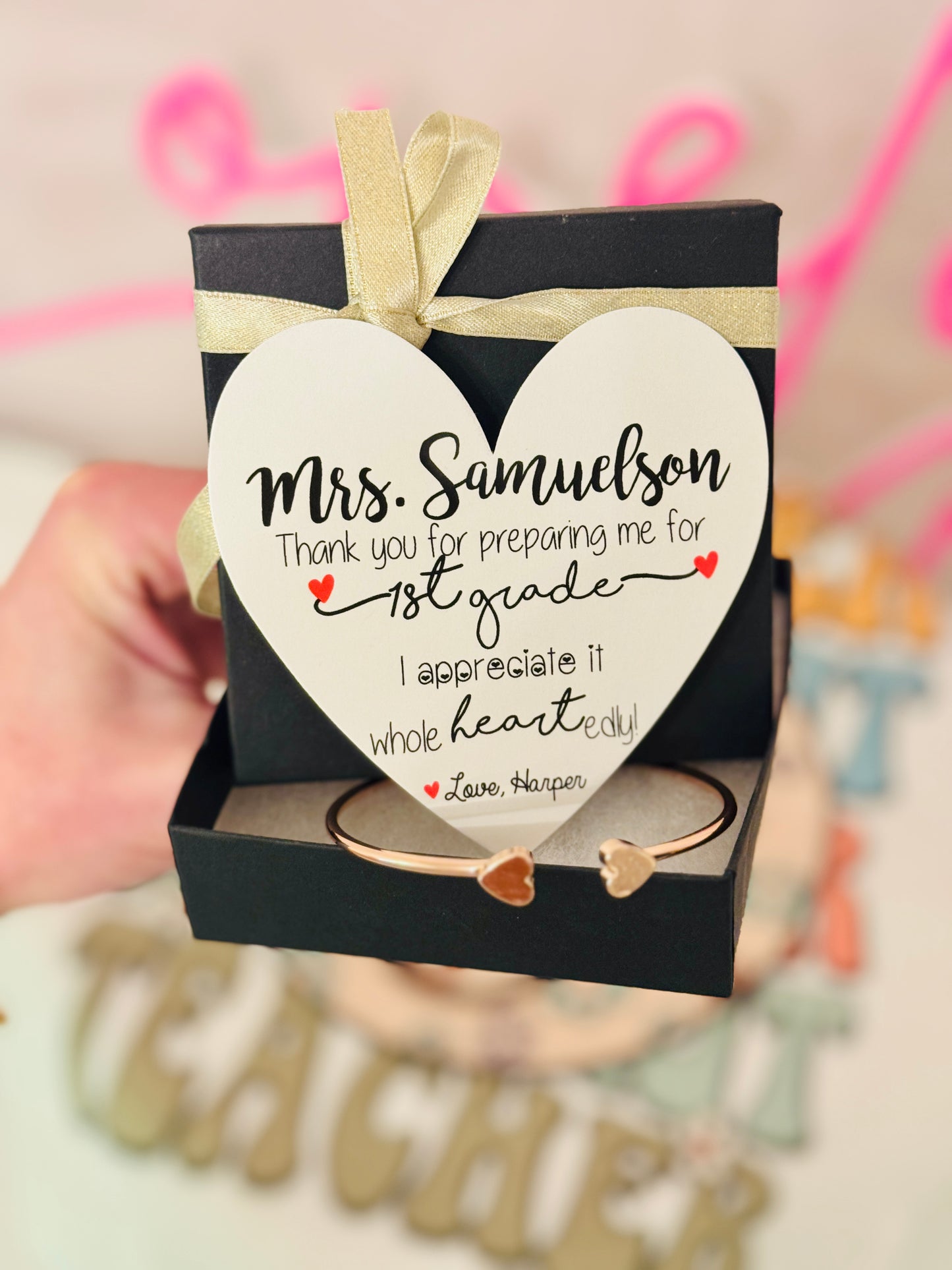 Teacher Thank you Gift, Heart Cuff, Non-Tarnish & Hypoallergenic! Card, box & ribbon included!