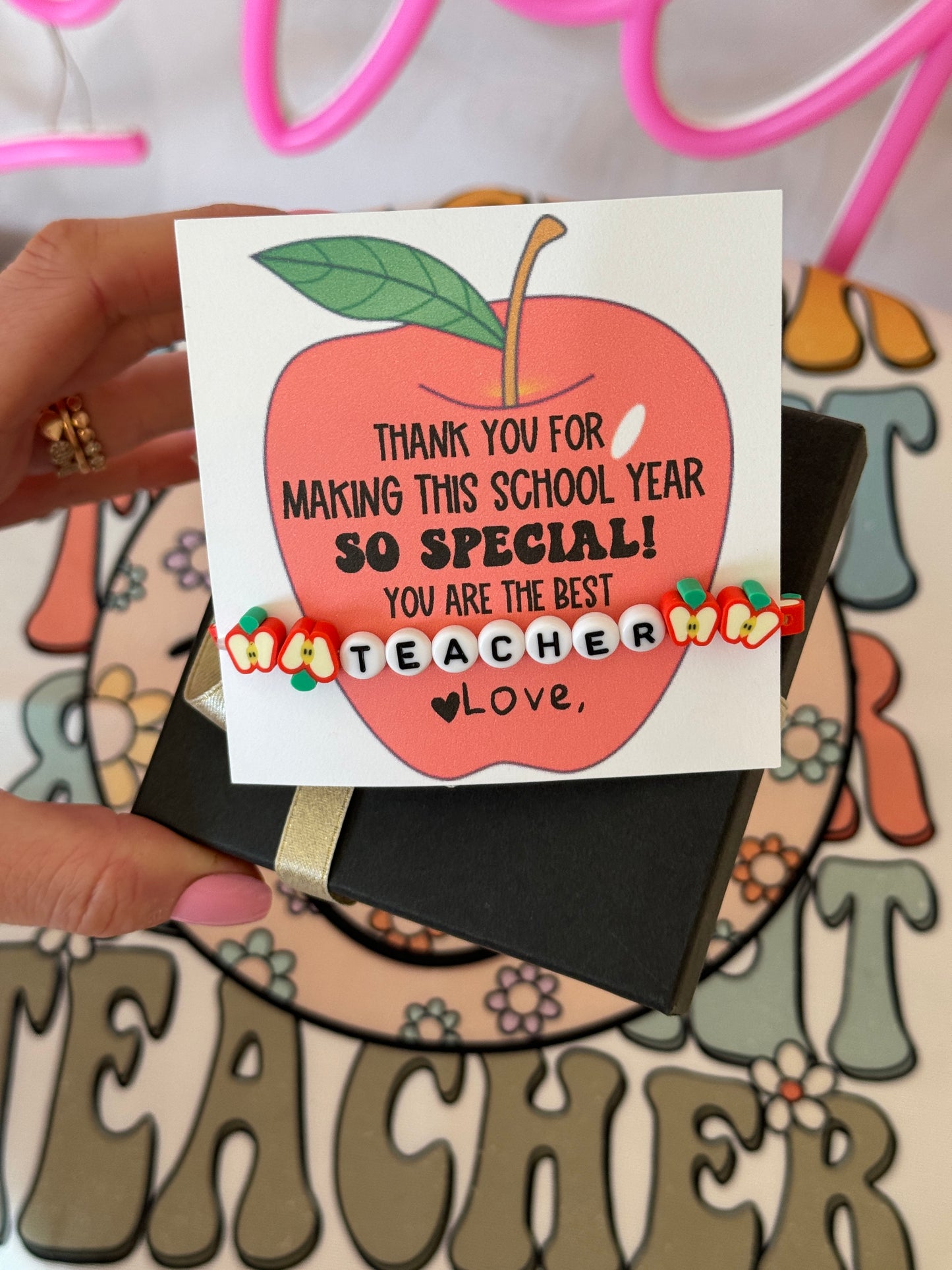 Apple Beaded Teacher Bracelet! End of year teacher appreciation gift.Personalized card included with box and ribbon! Teacher thank you gift!