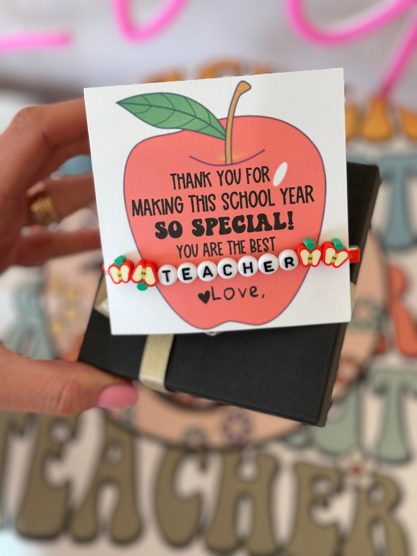 Apple Beaded Teacher Bracelet! End of year teacher appreciation gift.Personalized card included with box and ribbon! Teacher thank you gift!