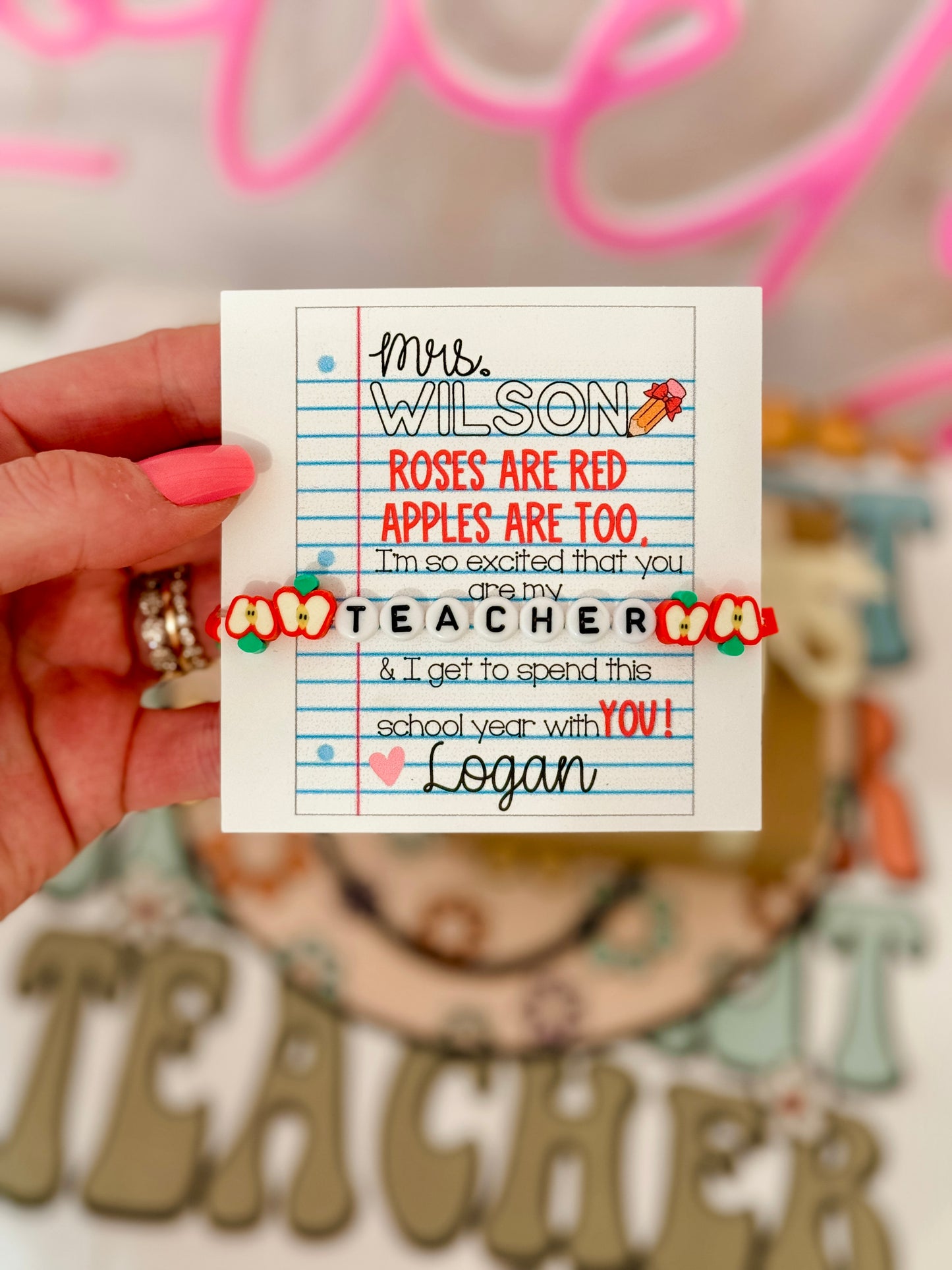 Roses are Red Apples are too! Apple Teacher Back to school gift! Bracelet, Card, box & ribbon included!