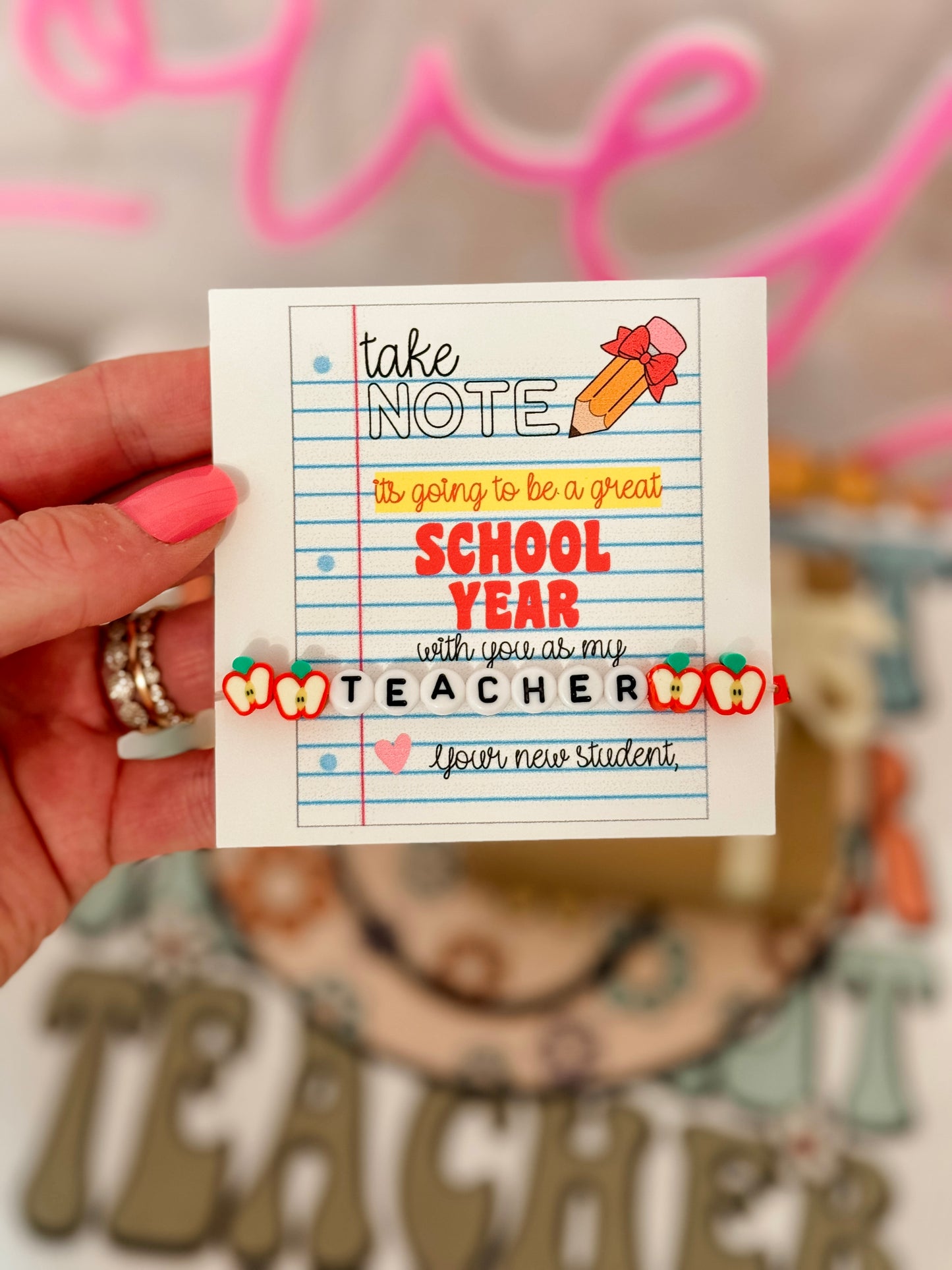 Take Note! It's going to be a great School Year! Apple Teacher Bracelet!  Back to school gift, card, box & ribbon included!