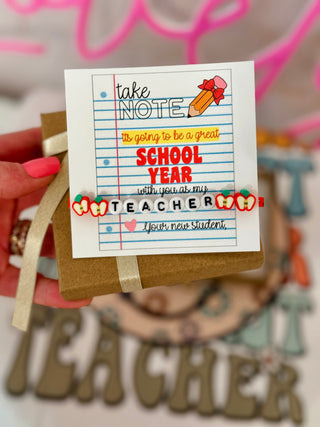 Take Note! It's going to be a great School Year! Apple Teacher Bracelet!  Back to school gift, card, box & ribbon included!