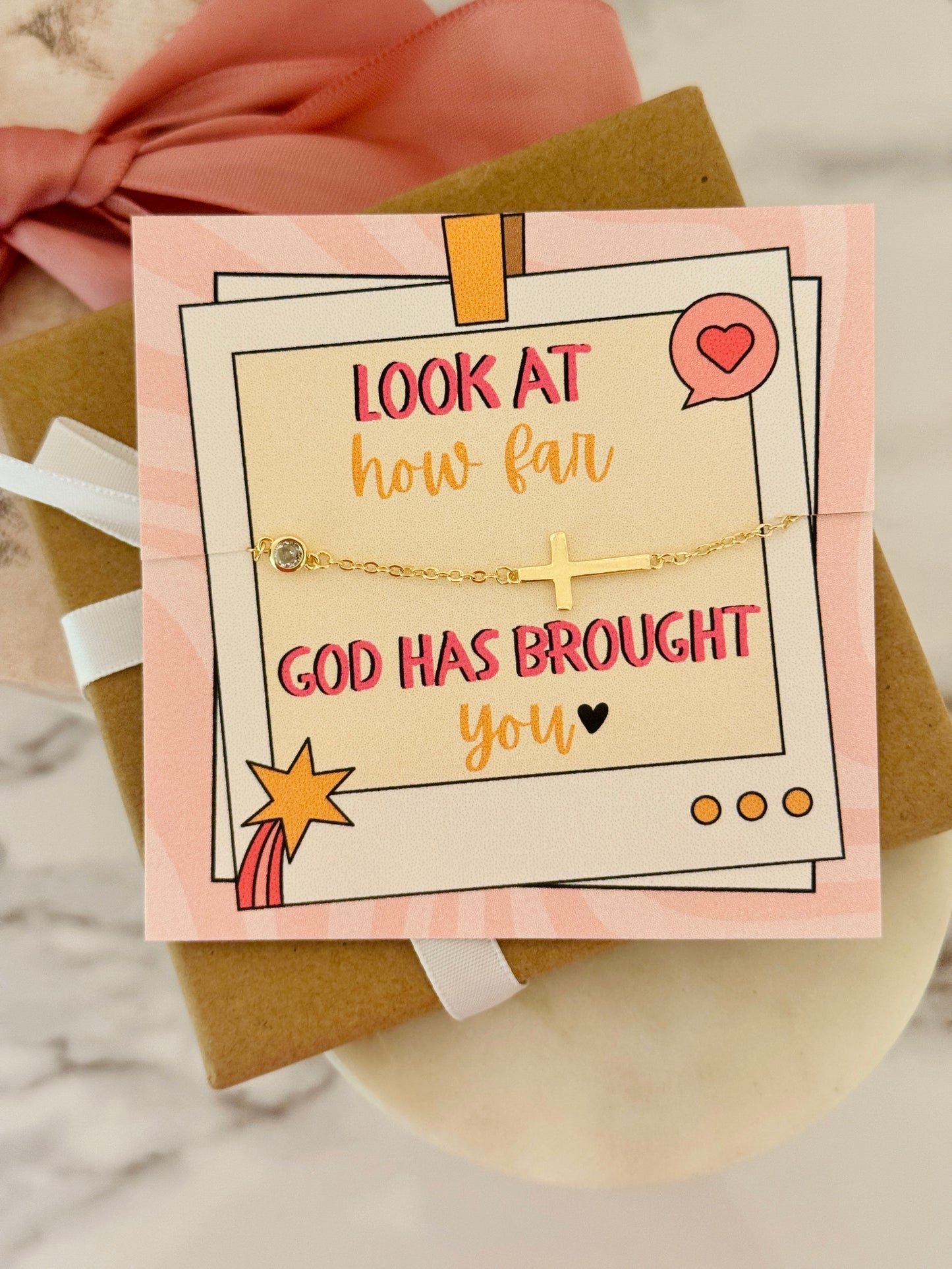 Look at how far God has brought you Gold Cross bracelet, Non-Tarnish with card, box & ribbon included!