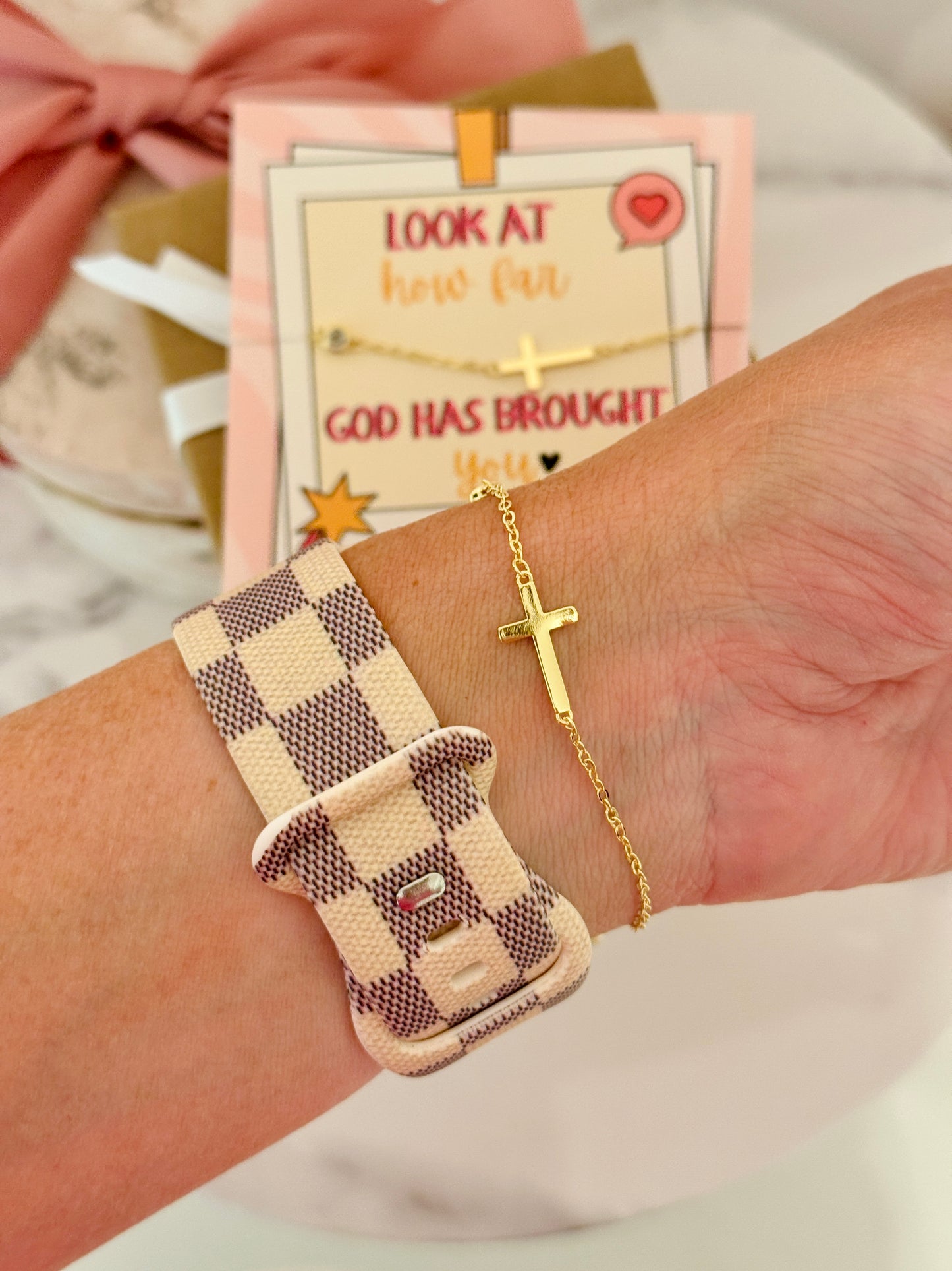 Look at how far God has brought you Gold Cross bracelet, Non-Tarnish with card, box & ribbon included!