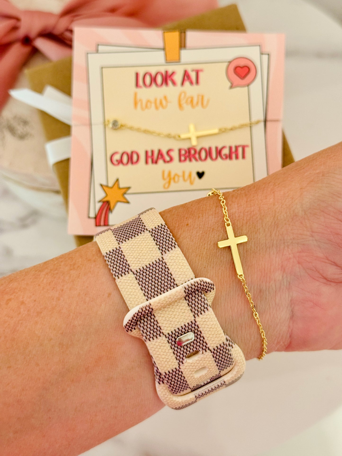 Look at how far God has brought you Gold Cross bracelet, Non-Tarnish with card, box & ribbon included!