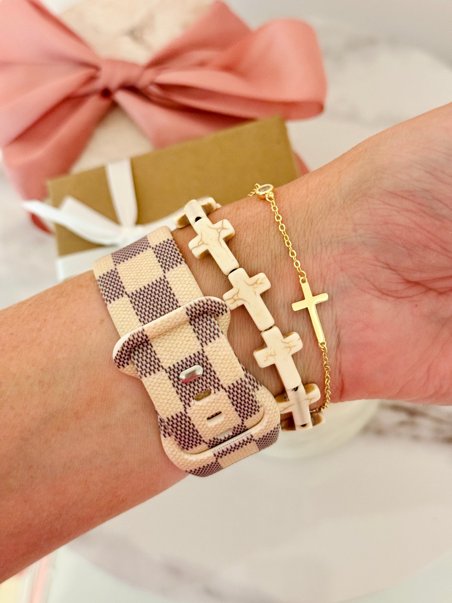 Make Heaven Crowded, Stone Marble Cross Bracelet with card, box & ribbon