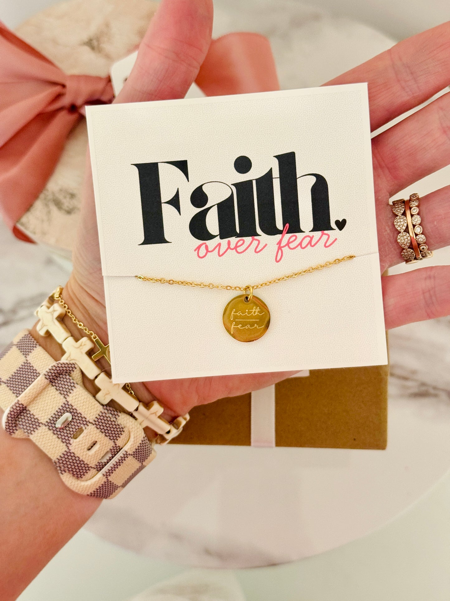 Faith Over Fear Gold Necklace, stainless steel, non-tarnish with card, box & ribbon included!