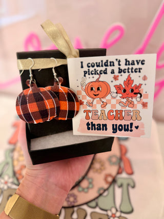 Fall Teacher Pumpkin Earrings, card, box & ribbon included! Non-Tarnish! Over 5,000 5 STAR Reviews!