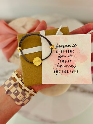 Heaven is Cheering for you today! Gold Loved adjustable bracelet with card, box & ribbon