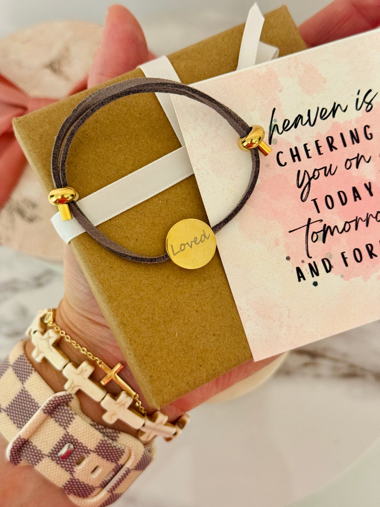 Heaven is Cheering for you today! Gold Loved adjustable bracelet with card, box & ribbon