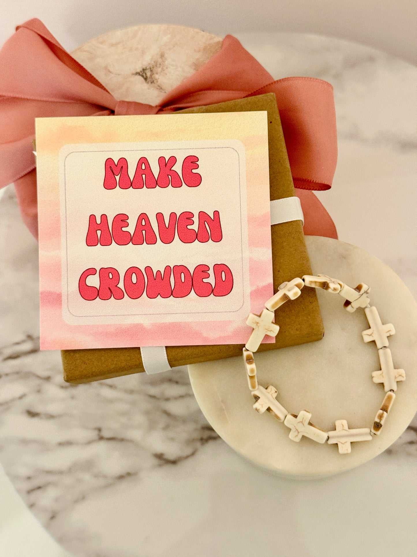 Make Heaven Crowded, Stone Marble Cross Bracelet with card, box & ribbon