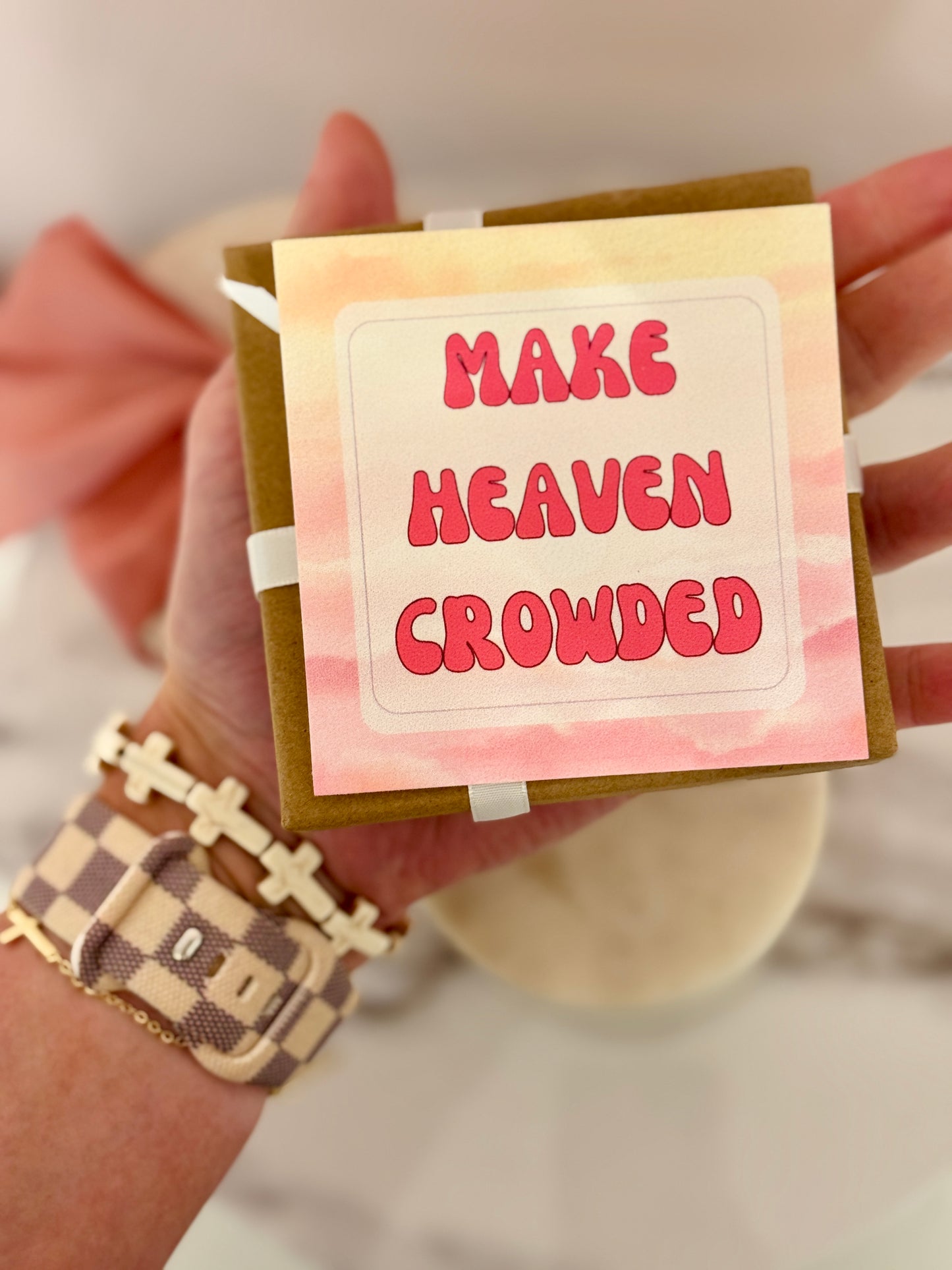 Make Heaven Crowded, Stone Marble Cross Bracelet with card, box & ribbon