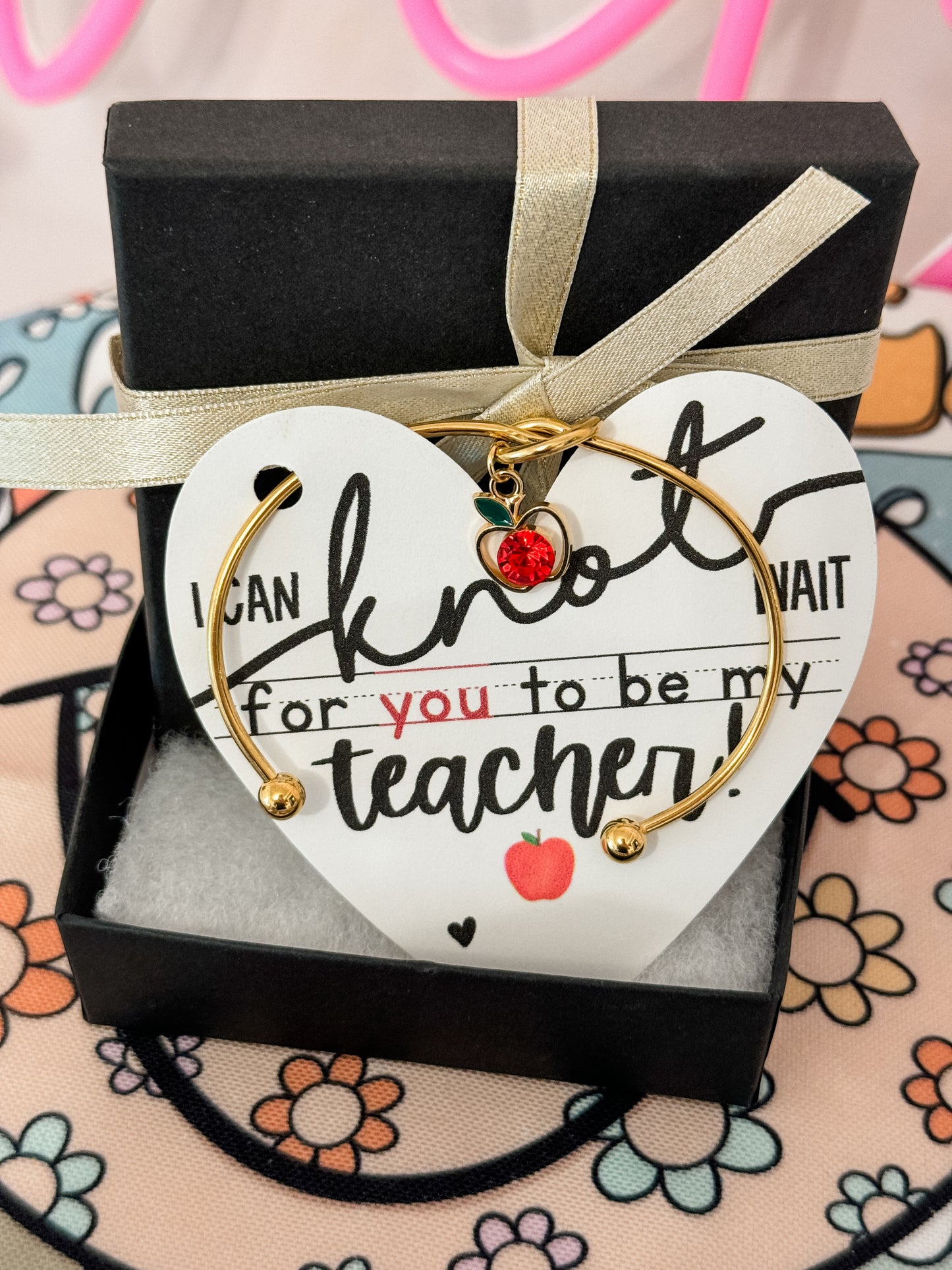 I can KNOT wait for YOU to be my teacher! Knot bangle with apple charm, card, box & ribbon!