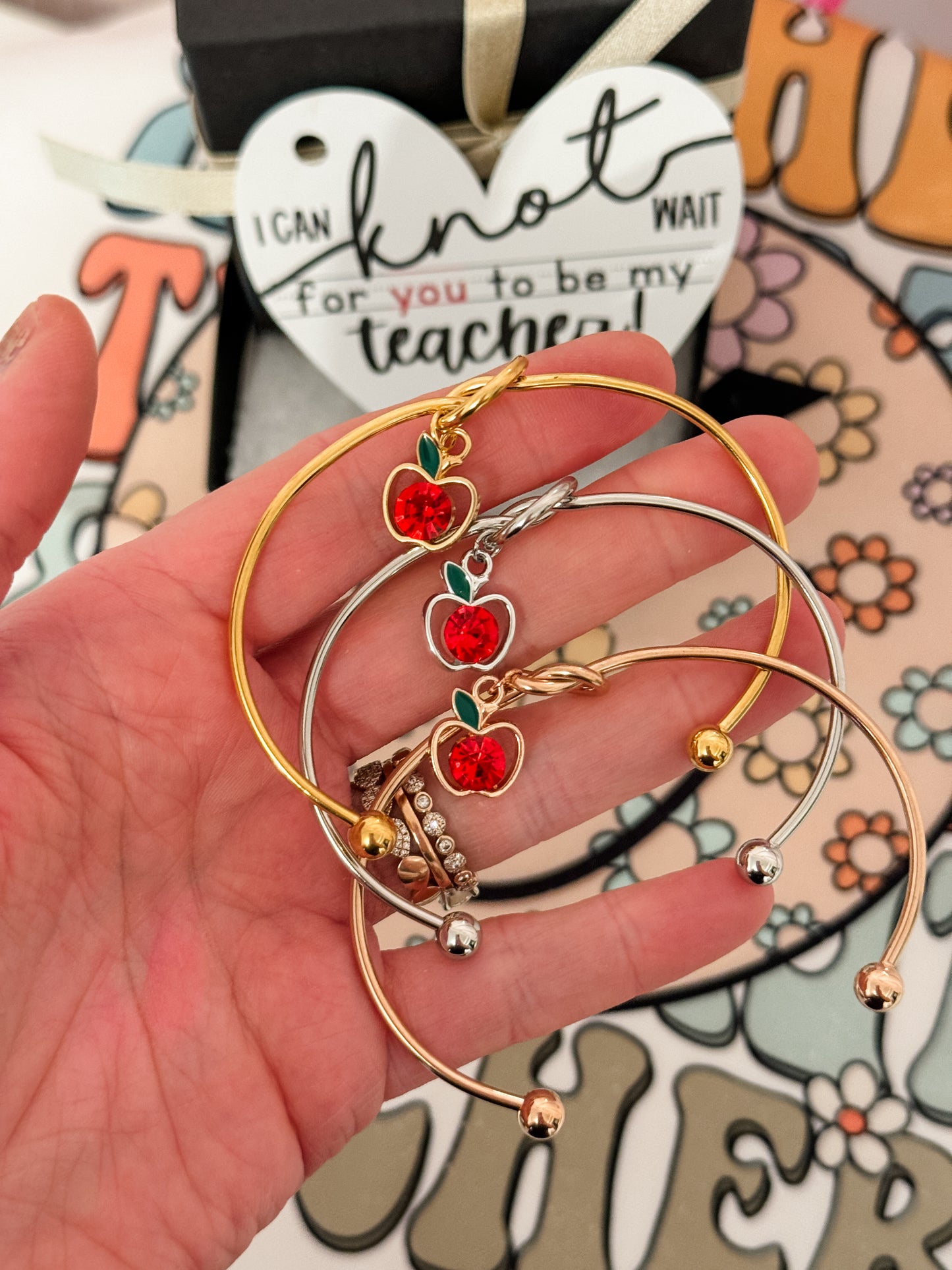 I can KNOT wait for YOU to be my teacher! Knot bangle with apple charm, card, box & ribbon!