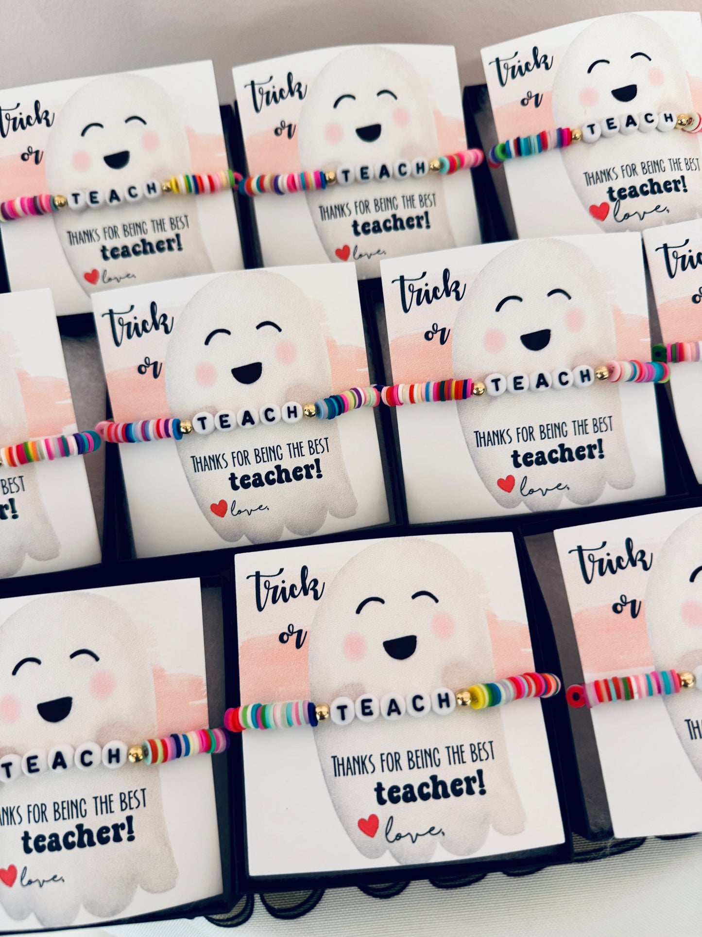 Trick or Teach, Halloween Teacher gift! Teacher appreciation gift, clay disc bead TEACH bracelet, personalized card, box & ribbon!