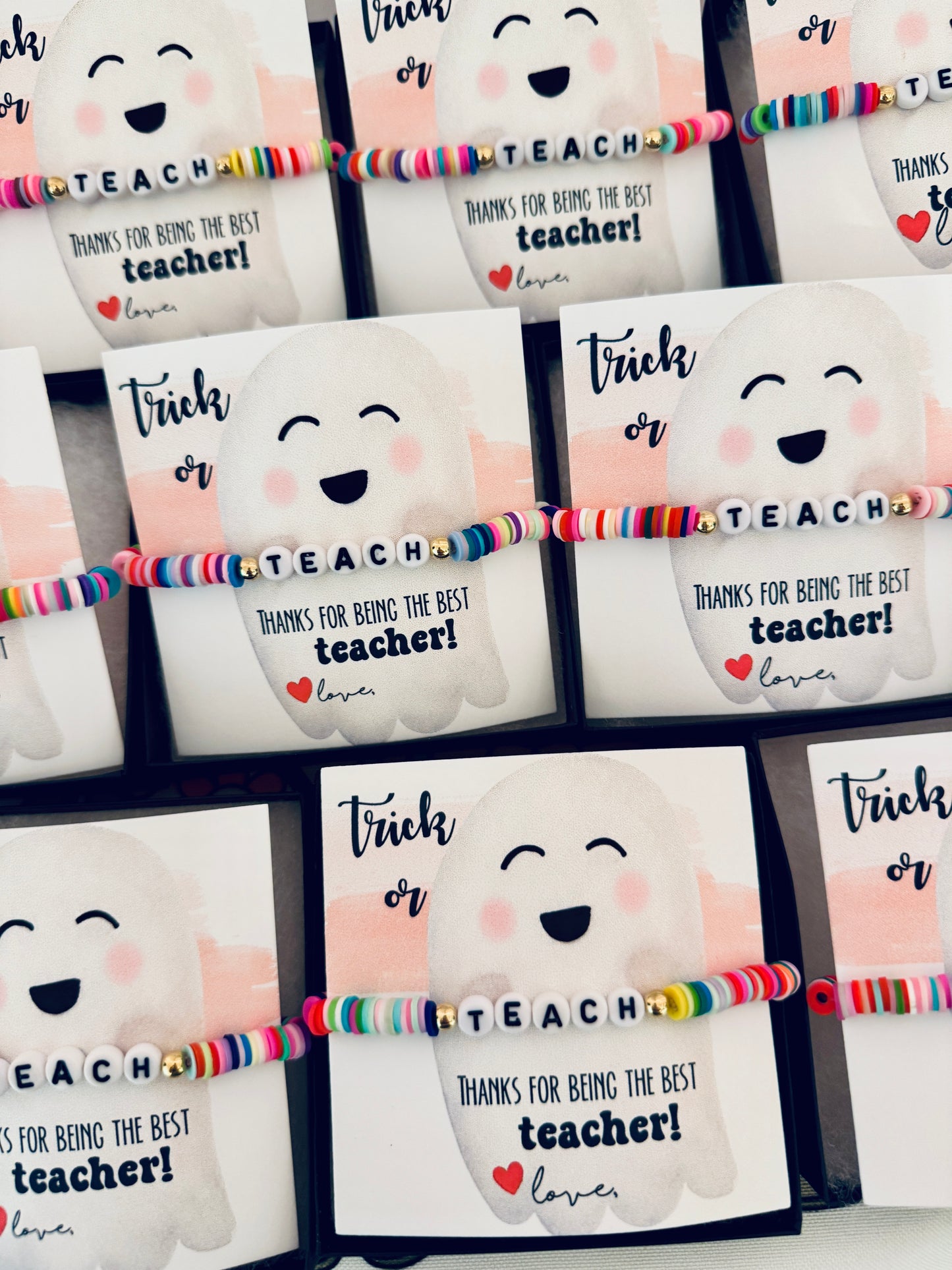Trick or Teach, Halloween Teacher gift! Teacher appreciation gift, clay disc bead TEACH bracelet, personalized card, box & ribbon!