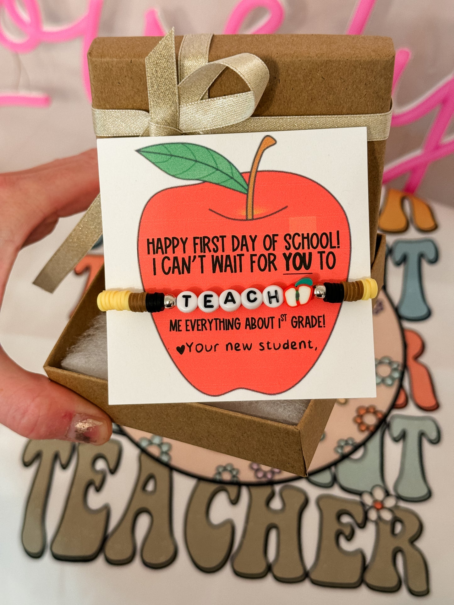 Happy 1st Day of school Pencil Teach bracelet, card, box & ribbon!