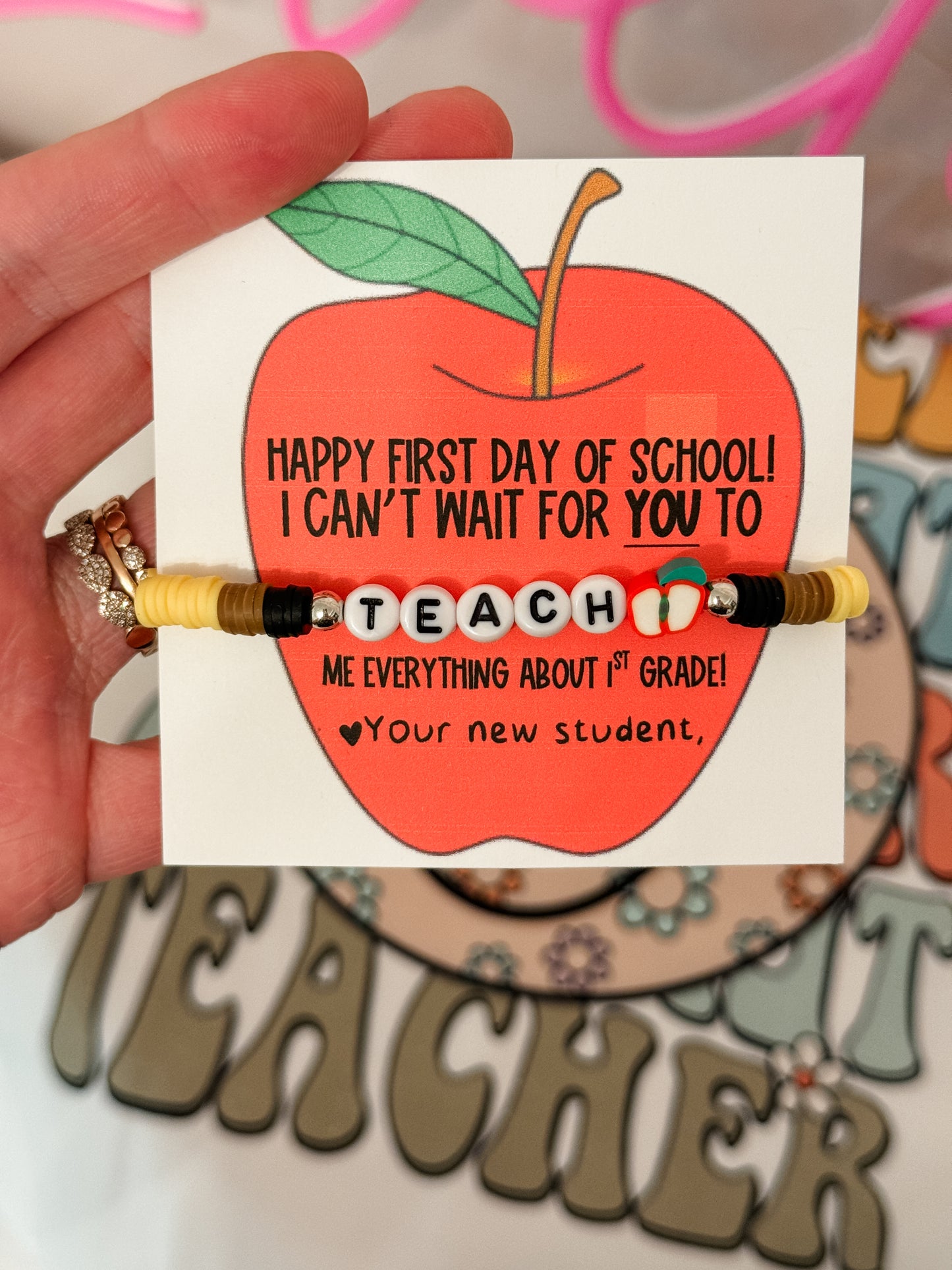 Happy 1st Day of school Pencil Teach bracelet, card, box & ribbon!