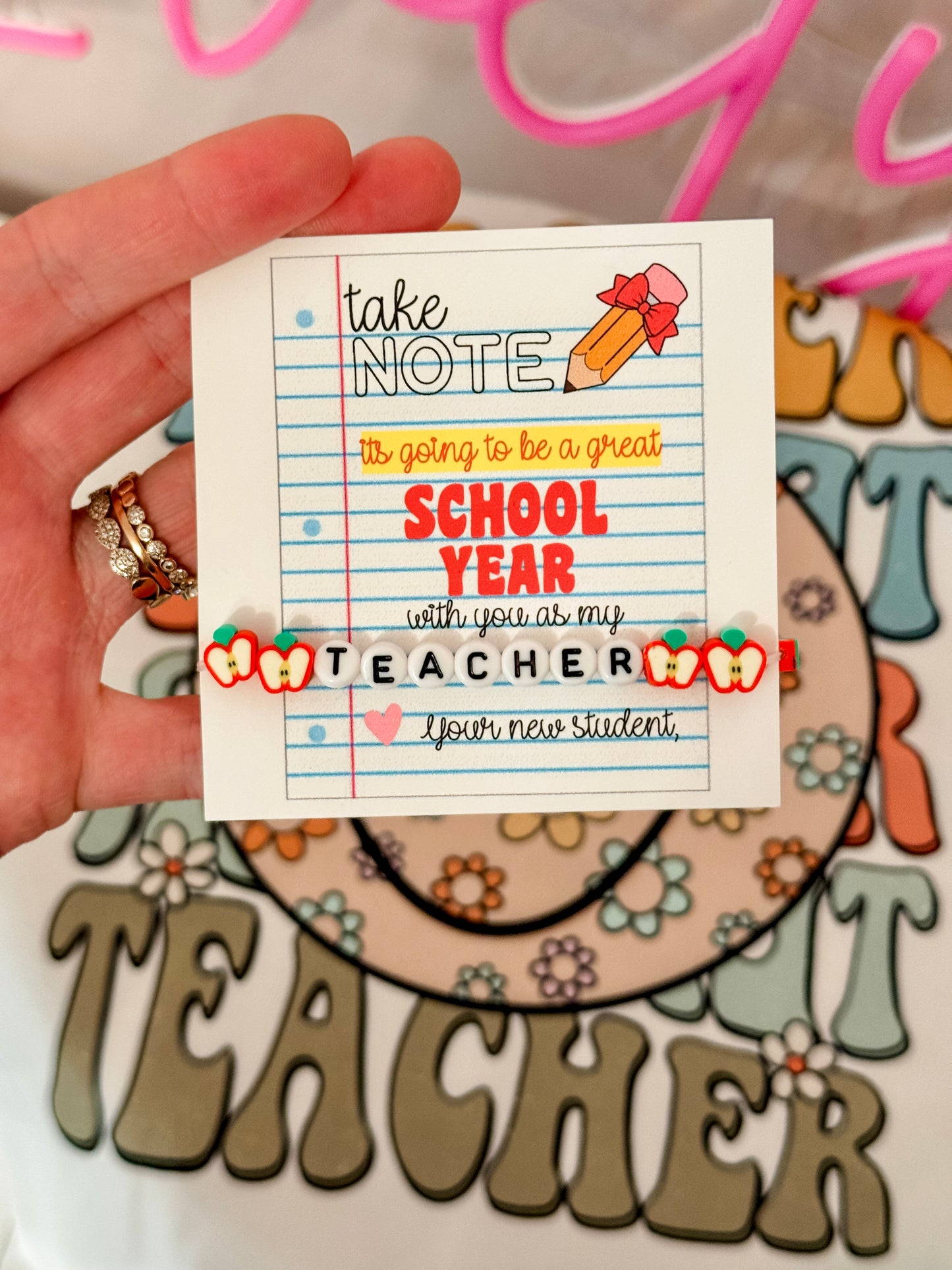 Take Note! It's going to be a great School Year! Apple Teacher Bracelet!  Back to school gift, card, box & ribbon included!