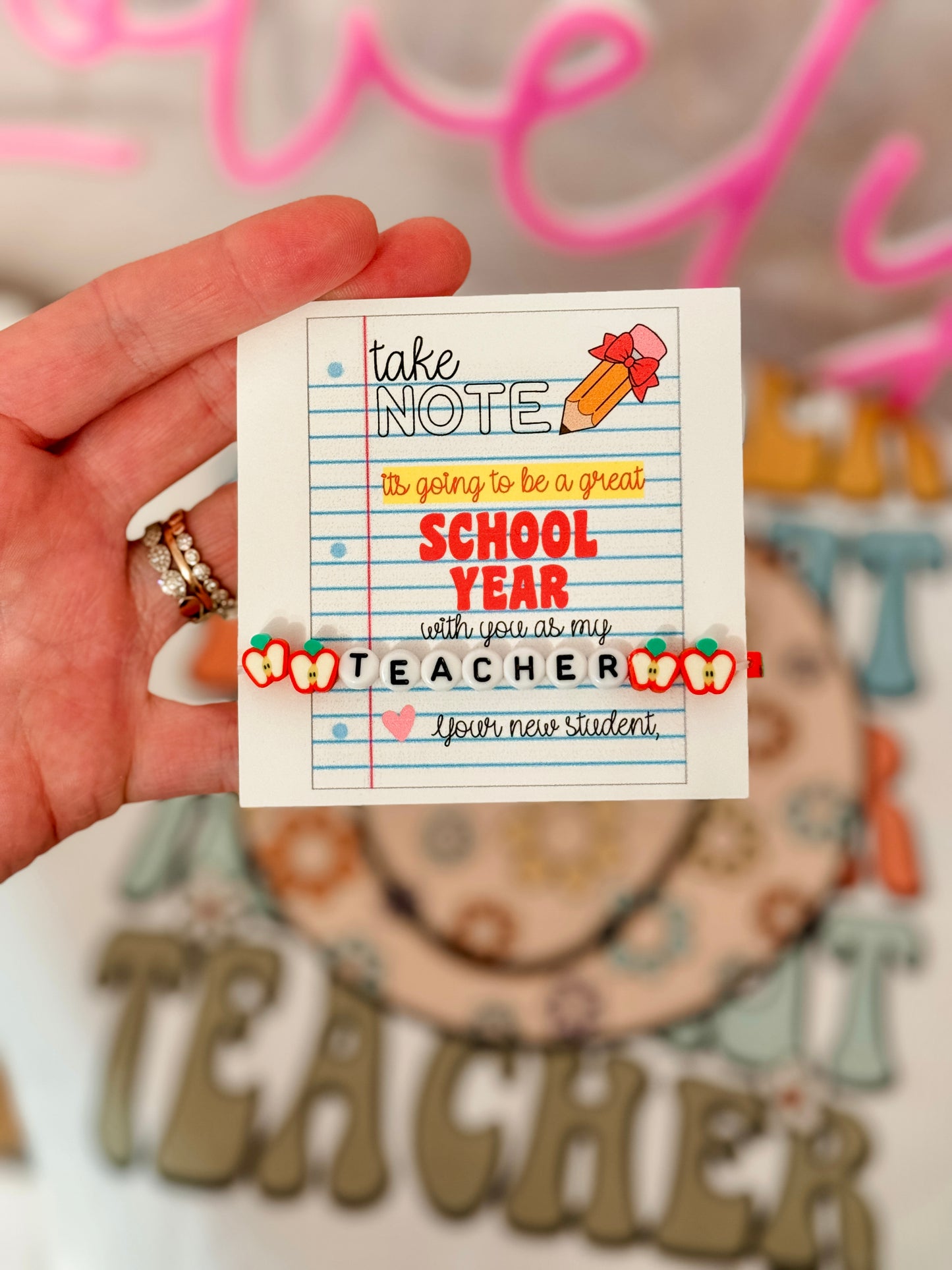 Take Note! It's going to be a great School Year! Apple Teacher Bracelet!  Back to school gift, card, box & ribbon included!