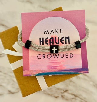 Make Heaven Crowded Cross Bracelet, Gray corded, black and white cross with card, box & ribbon included!