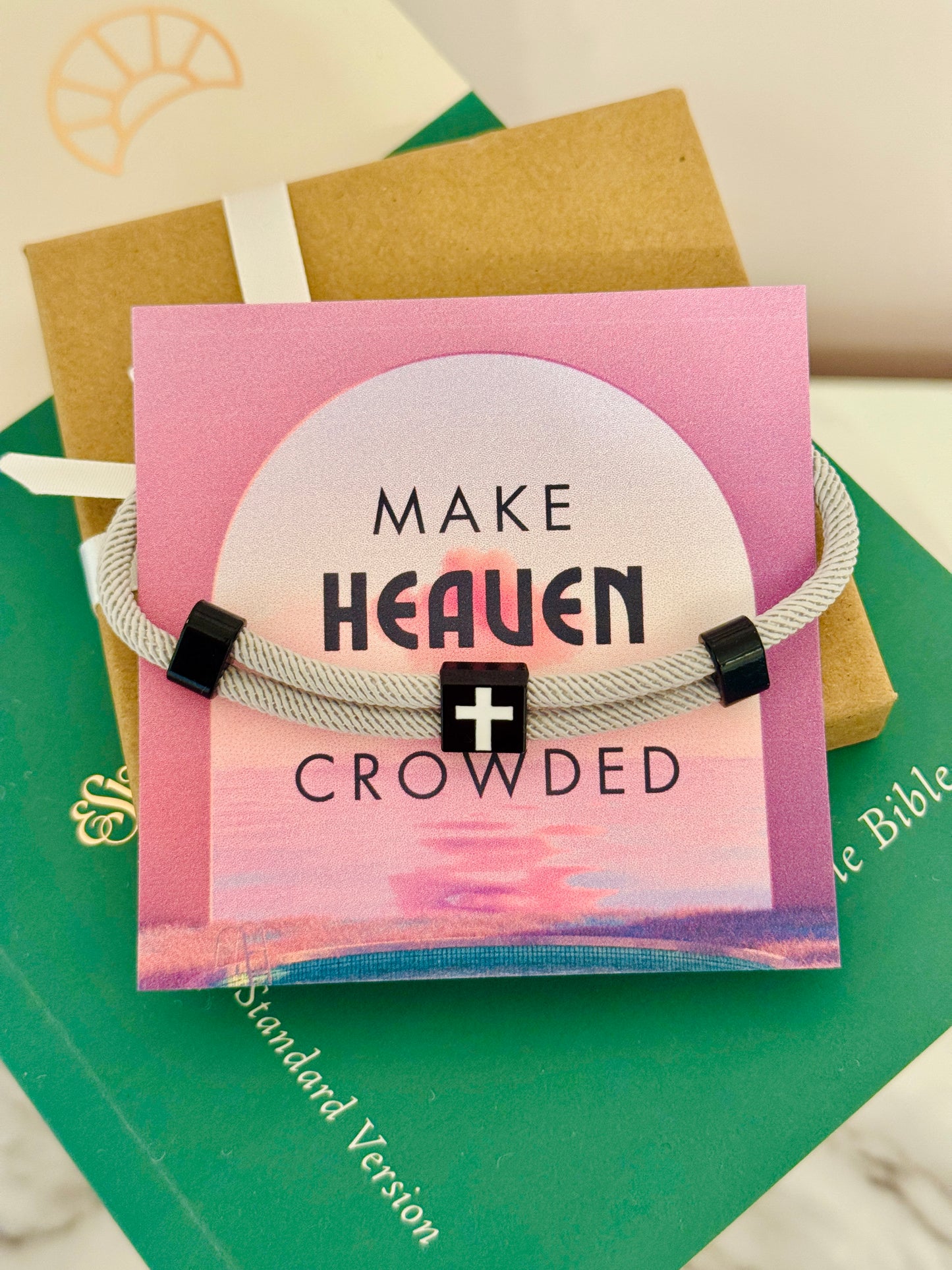 Make Heaven Crowded Cross Bracelet, Gray corded, black and white cross with card, box & ribbon included!