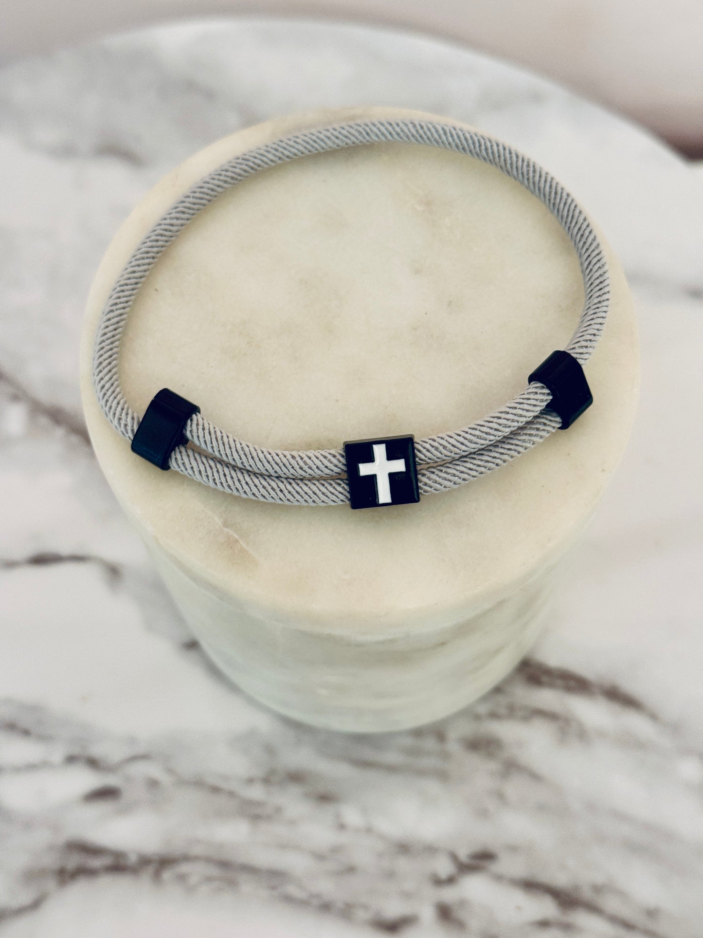Make Heaven Crowded Cross Bracelet, Gray corded, black and white cross with card, box & ribbon included!