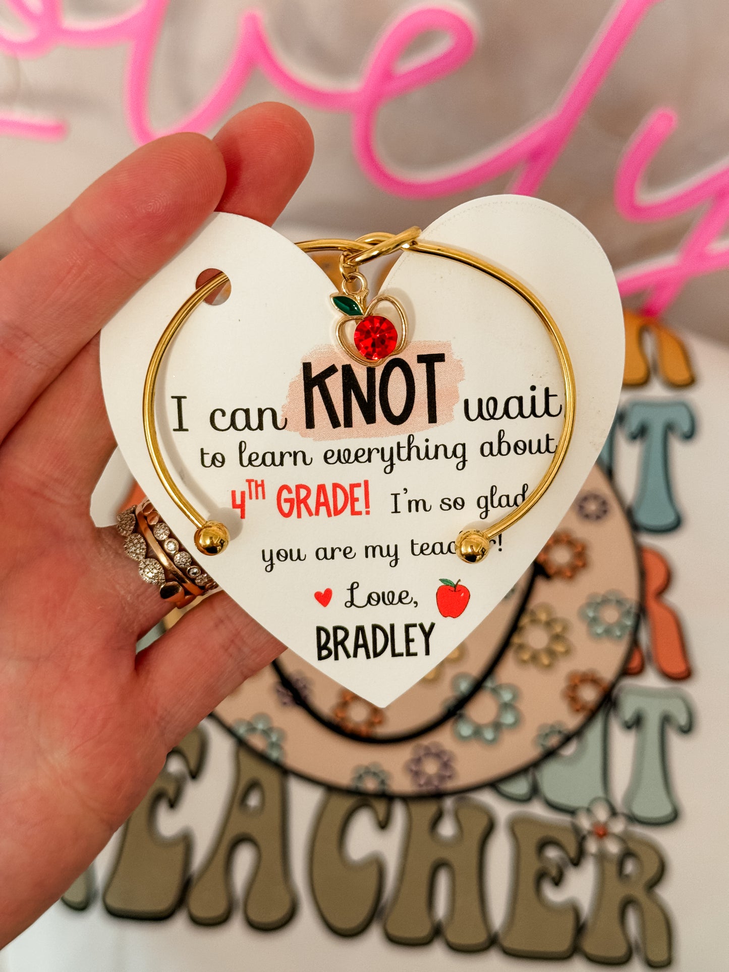 I can KNOT wait teacher knot bangle & apple charm bracelet, card, box & ribbon!