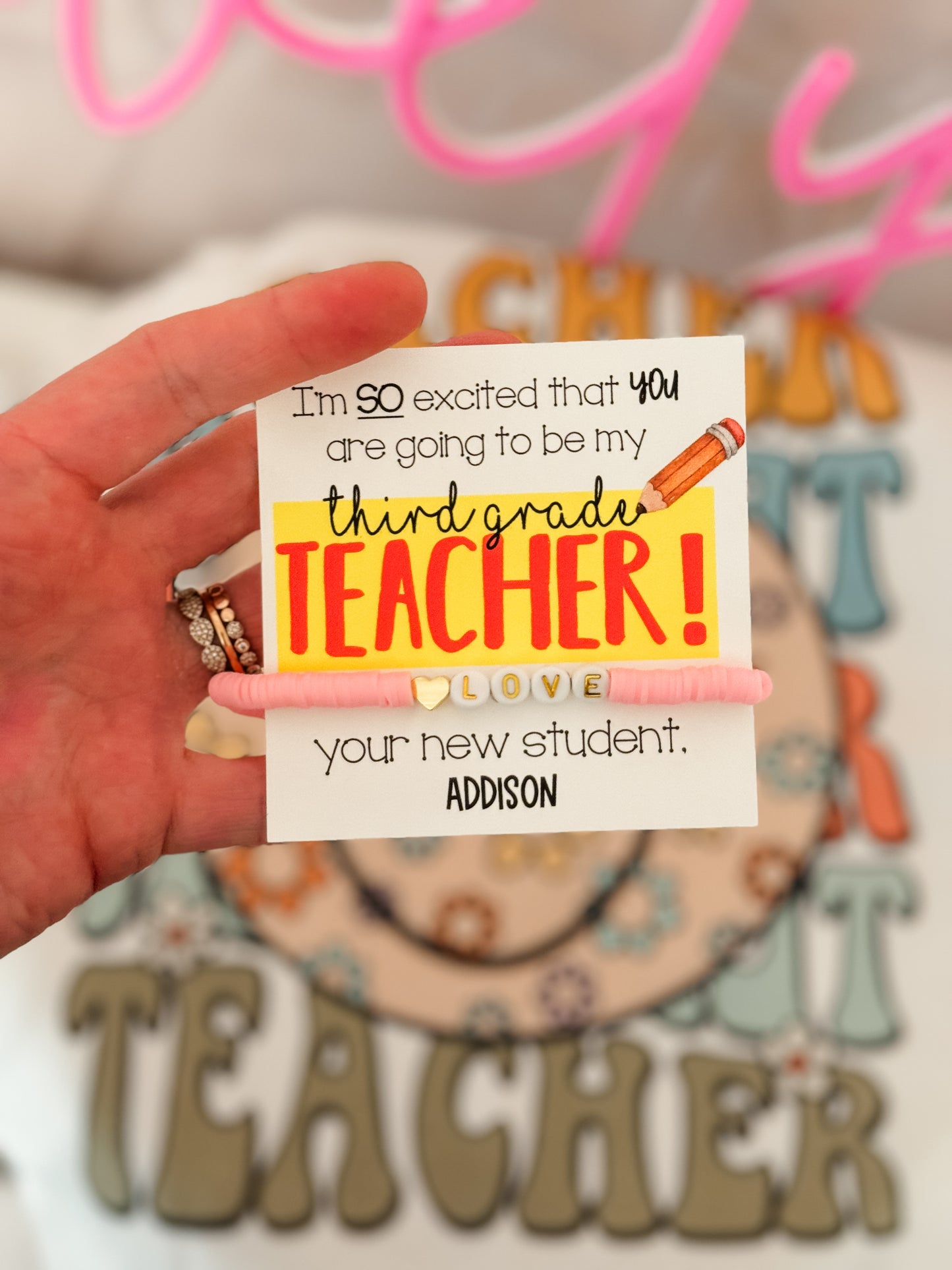 Grade level or subject teacher back to school gift! Love bracelet, card, box & ribbon!