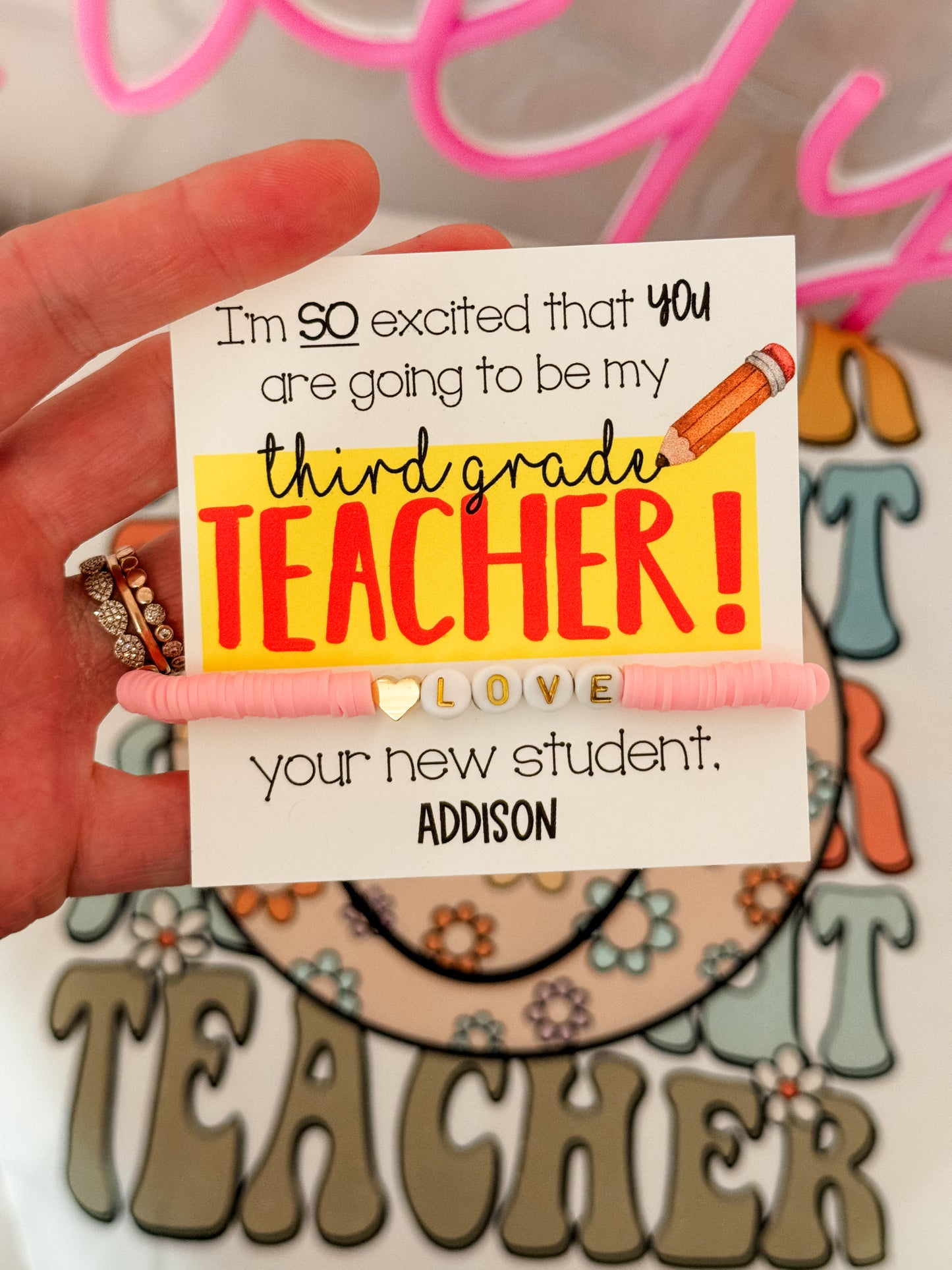 Grade level or subject teacher back to school gift! Love bracelet, card, box & ribbon!